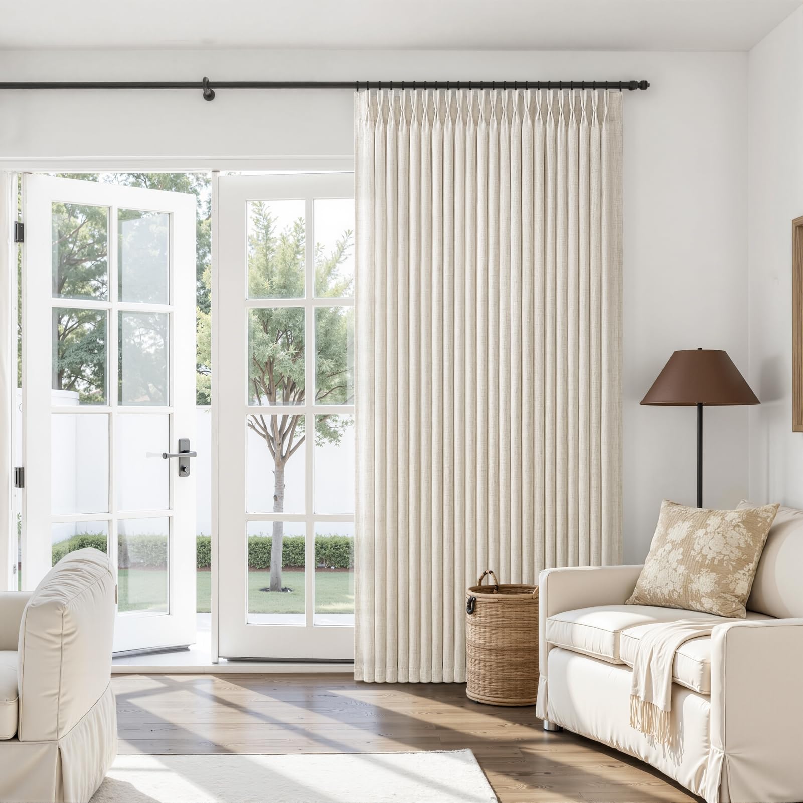 Pinch Pleated Linen 50 Inch Wide Curtains 96 Inches Long for Living Room, Memory Trained Pleat Boho Semi Sheer Birch Light Filtering Privacy Drapes 50x96 Inch Length 2 Panels Set Curtain Cream Ivory