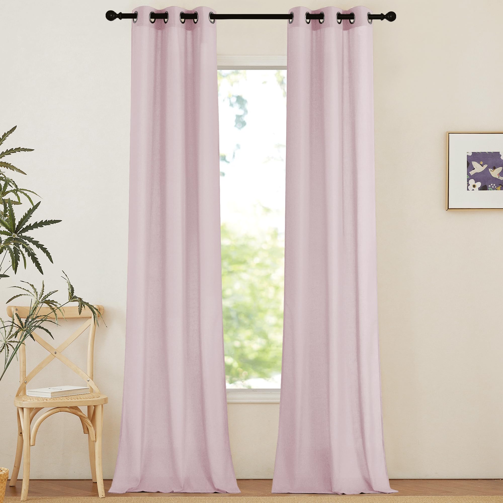 NICETOWN Natural Linen Curtains 84 inch Long 2 Panels Set, Grommet Top Thick Linen Burlap Semi Sheer Vertical Drapes Privacy Assured with Light Filtering for Bedroom/Living Room, W55 x L84