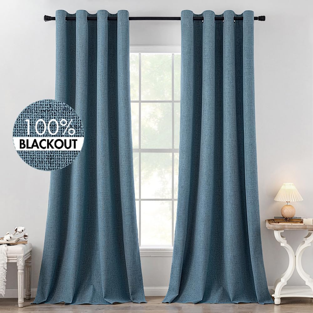 MIULEE 100% Blackout Linen Textured Curtains for Bedroom Solid Thermal Insulated Natural Beige Grommet Room Darkening Curtains & Drapes Luxury Decor for Living Room Nursery 52 x 84 Inch (2 Panels)