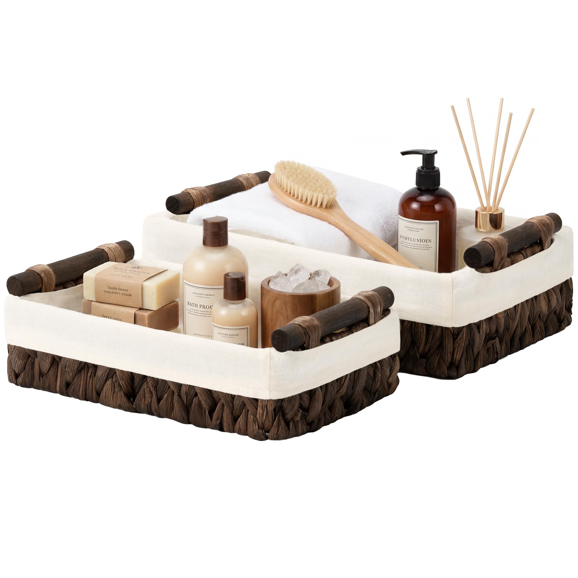 StorageWorks Small Baskets for Organizing, Wicker Bathroom Basket for Toilet Tank Top with Liner, Natural Water Hyacinth, Set of 2