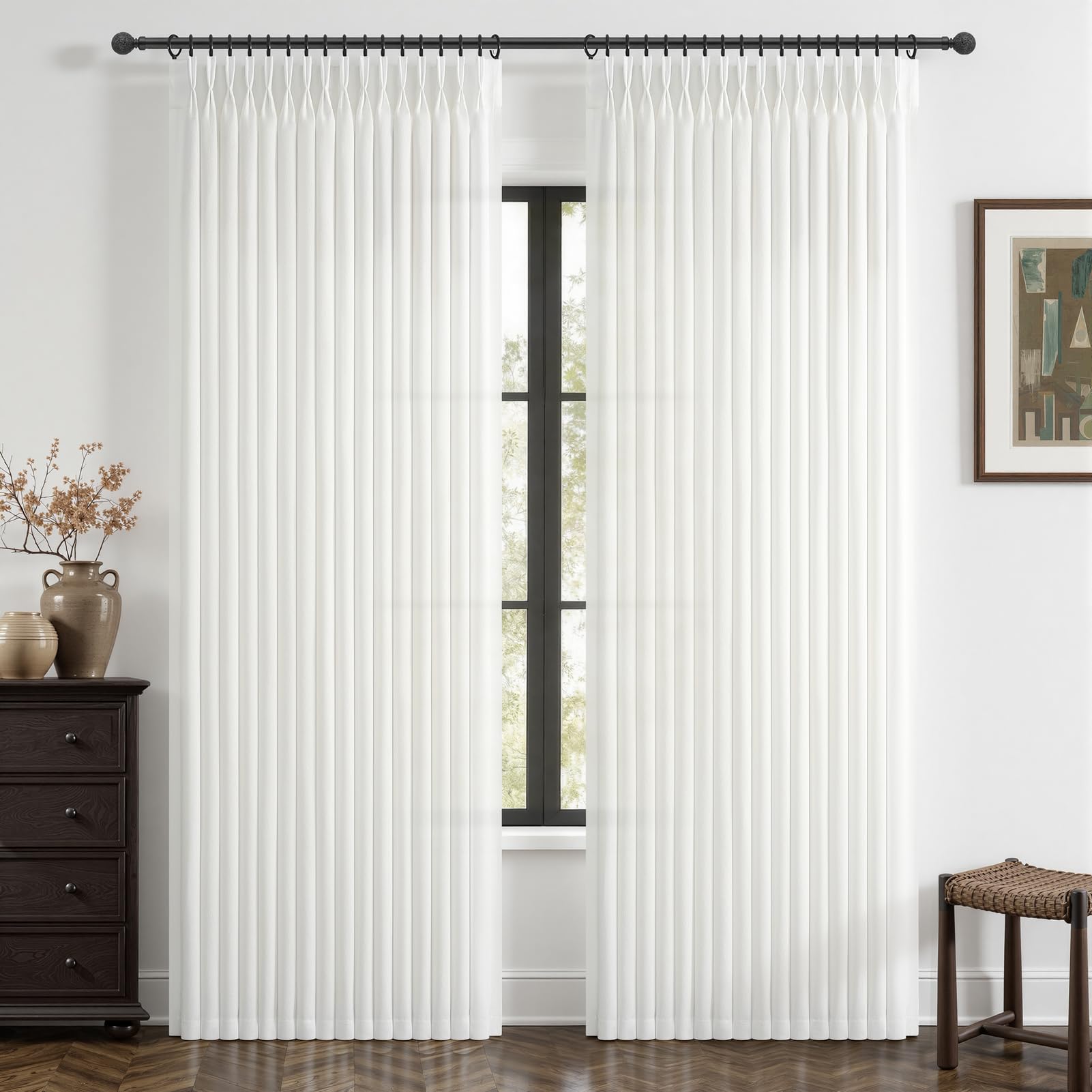 Pinch Pleated Linen 50 Inch Wide Curtains 96 Inches Long for Living Room, Memory Trained Pleat Boho Semi Sheer Birch Light Filtering Privacy Drapes 50x96 Inch Length 2 Panels Set Curtain Cream Ivory