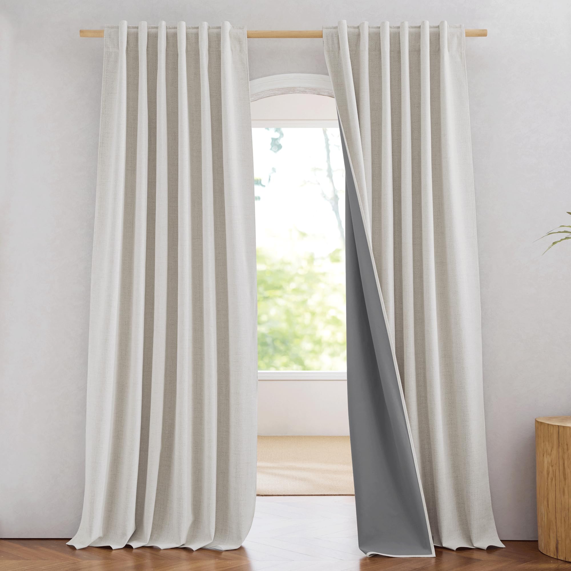 NICETOWN 100% Blackout Linen Curtains 90" Long for Bedroom, Thermal Insulated Living Room Curtains with Liner, Farmhouse Style Linen Blend Window Draperies for Dining Room (2 Panels, 52" W, Natural)