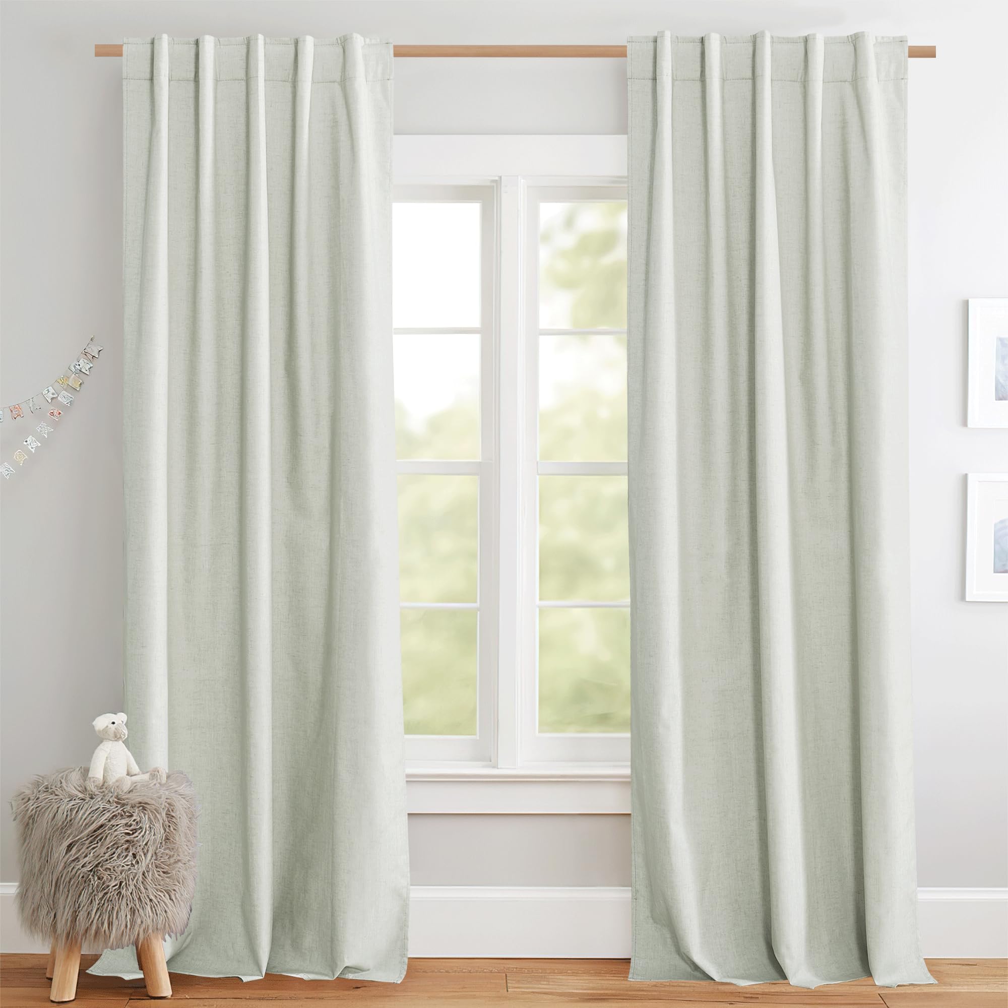 NICETOWN 100% Blackout Linen Curtains 90" Long for Bedroom, Thermal Insulated Living Room Curtains with Liner, Farmhouse Style Linen Blend Window Draperies for Dining Room (2 Panels, 52" W, Natural)