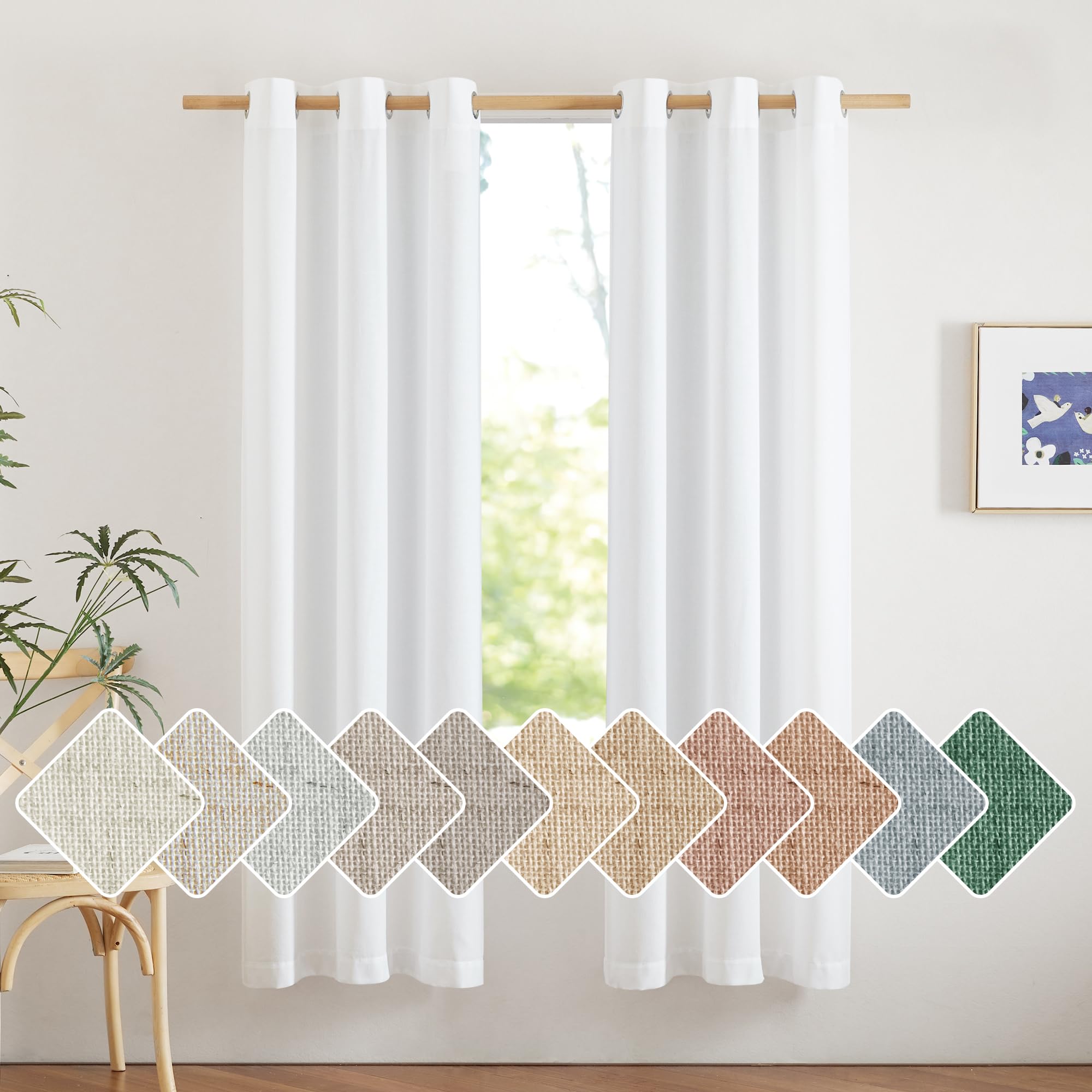 NICETOWN Natural Linen Curtains 84 inch Long 2 Panels Set, Grommet Top Thick Linen Burlap Semi Sheer Vertical Drapes Privacy Assured with Light Filtering for Bedroom/Living Room, W55 x L84