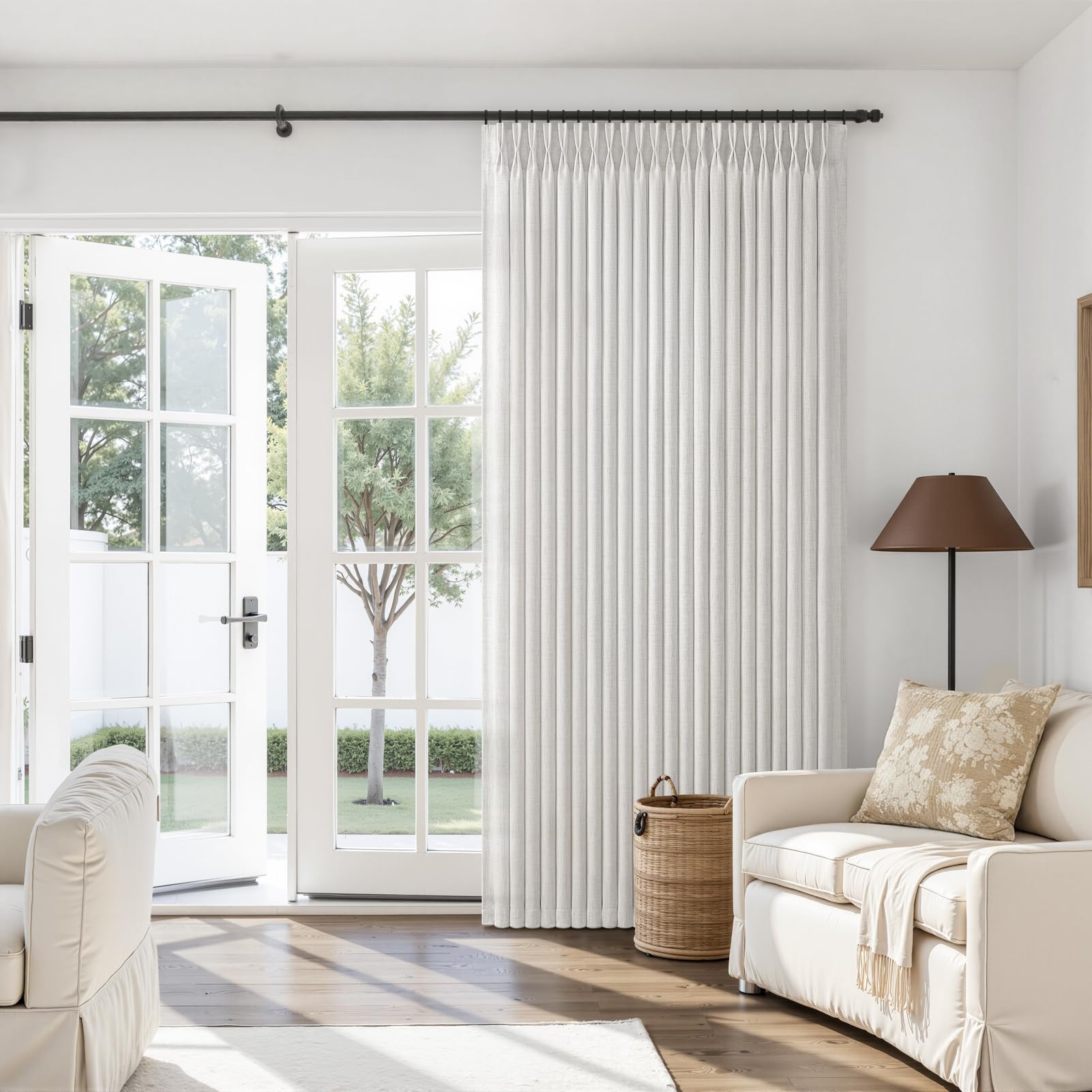Pinch Pleated Linen 50 Inch Wide Curtains 96 Inches Long for Living Room, Memory Trained Pleat Boho Semi Sheer Birch Light Filtering Privacy Drapes 50x96 Inch Length 2 Panels Set Curtain Cream Ivory