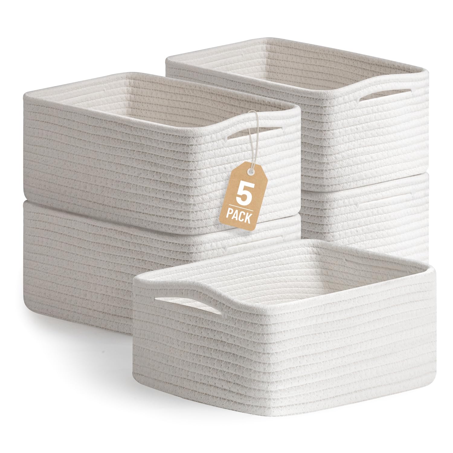 5 Pack Small Woven Storage Baskets for Shelves, Cotton Rope Baskets Organizer for Bathroom, Closet & Nursery, Decorative Storage Bins for Organizing Socks, Toys, 11.8"x7.9"x4.7", Khaki/White