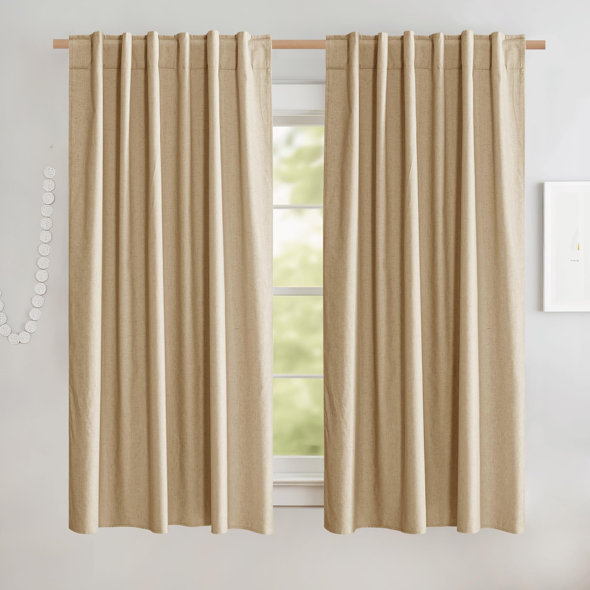 NICETOWN 100% Blackout Linen Curtains 90" Long for Bedroom, Thermal Insulated Living Room Curtains with Liner, Farmhouse Style Linen Blend Window Draperies for Dining Room (2 Panels, 52" W, Natural)