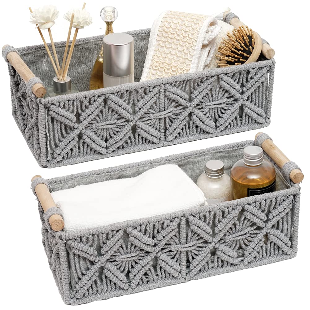 HOSROOME Macrame Storage Basket Boho Decor Baskets for Organizing Woven Decorative for Countertop Toilet Paper Basket for Tank Top for Home Decor Bedroom Nursery Livingroom Entryway (Set of 2)