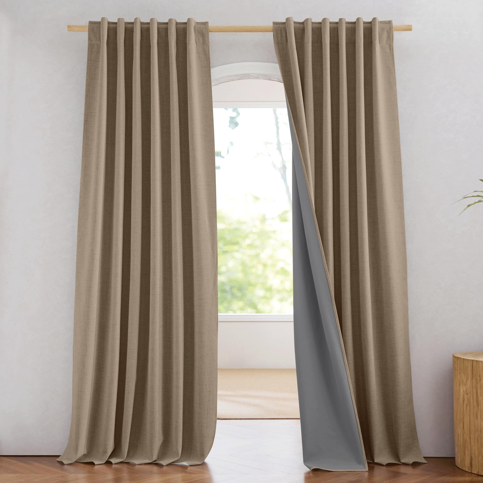 NICETOWN 100% Blackout Linen Curtains 90" Long for Bedroom, Thermal Insulated Living Room Curtains with Liner, Farmhouse Style Linen Blend Window Draperies for Dining Room (2 Panels, 52" W, Natural)