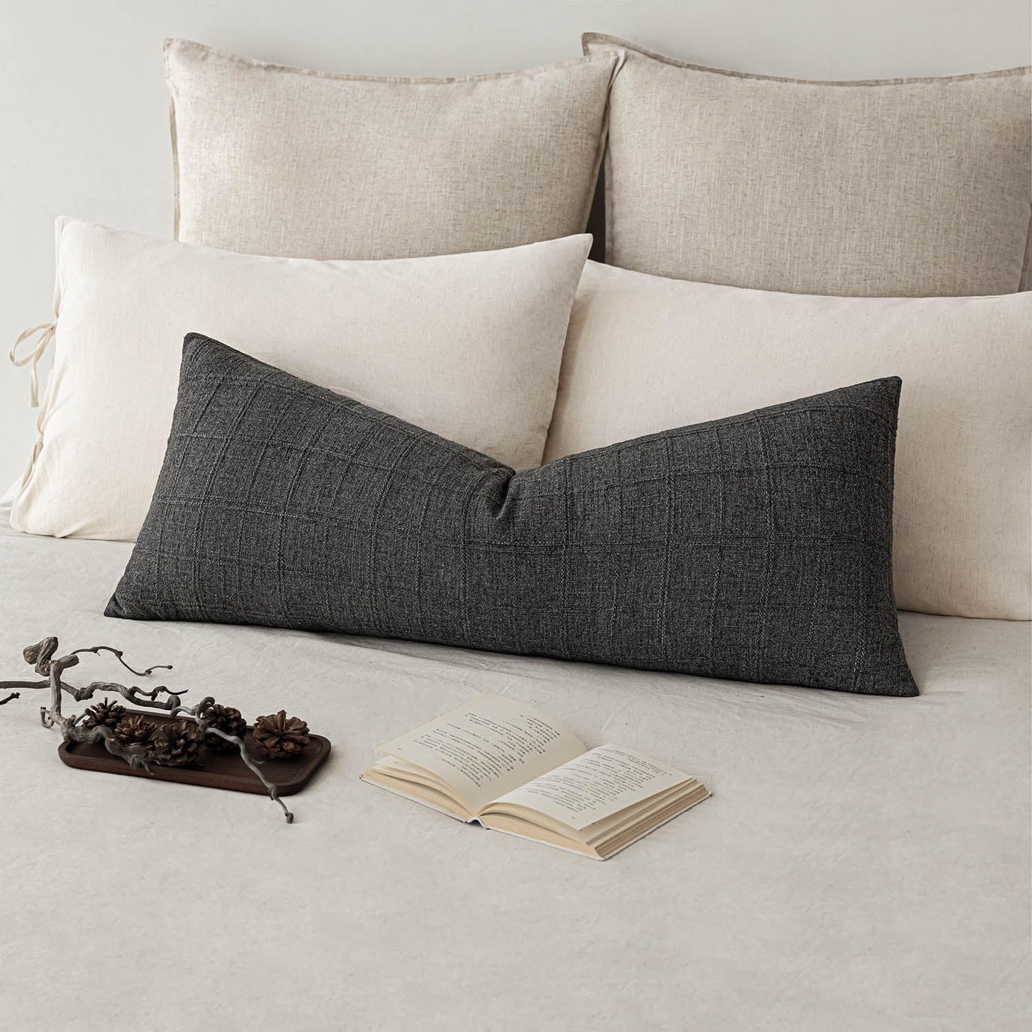 Foindtower Set of 1 Decorative Linen Check Throw Pillow Cover Neutral Farmhouse Lumbar Cushion Cover Modern Boho Home Decor for Sofa Chair Couch Bedroom Living Room,12×20 Inch,Natural Beige