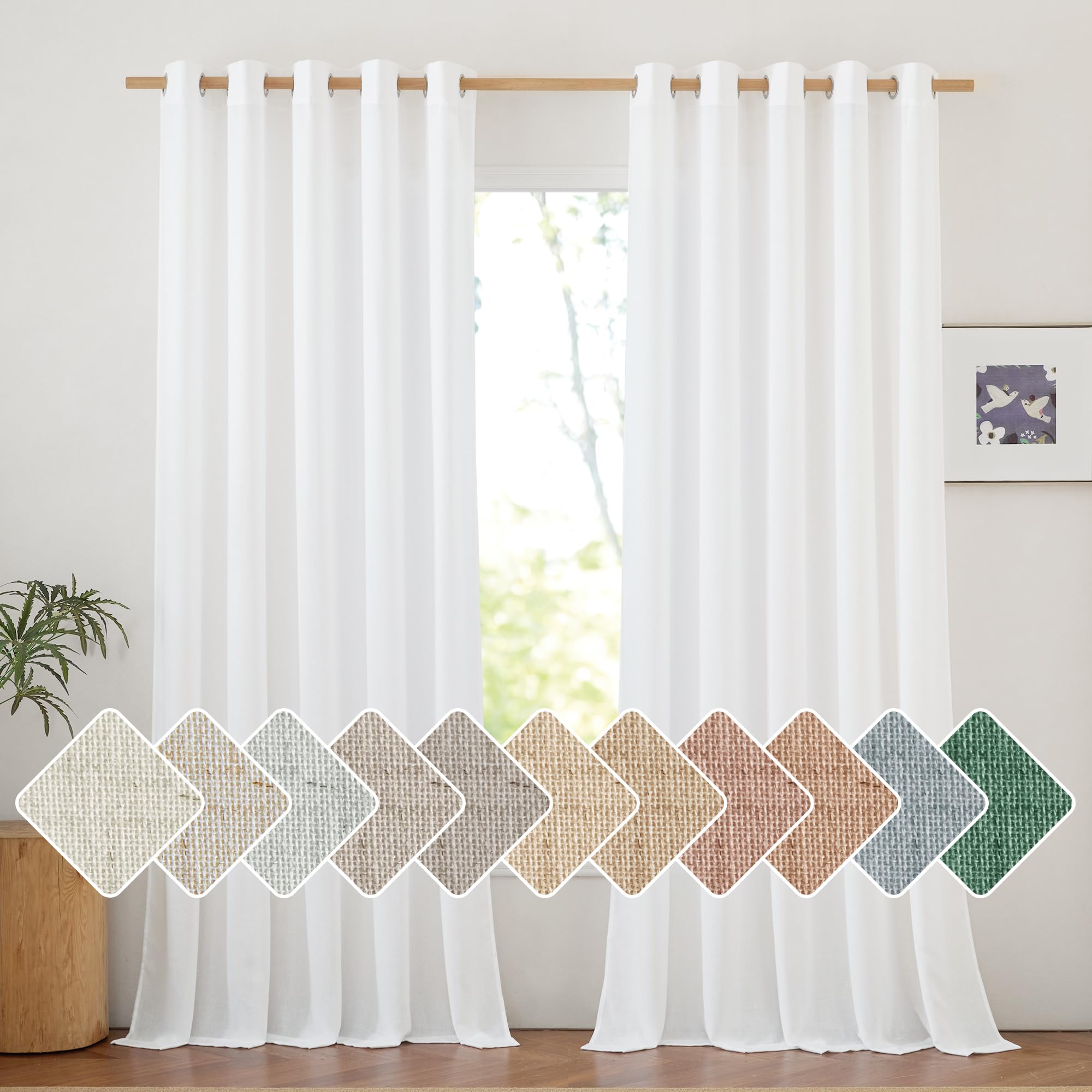 NICETOWN Natural Linen Curtains 84 inch Long 2 Panels Set, Grommet Top Thick Linen Burlap Semi Sheer Vertical Drapes Privacy Assured with Light Filtering for Bedroom/Living Room, W55 x L84