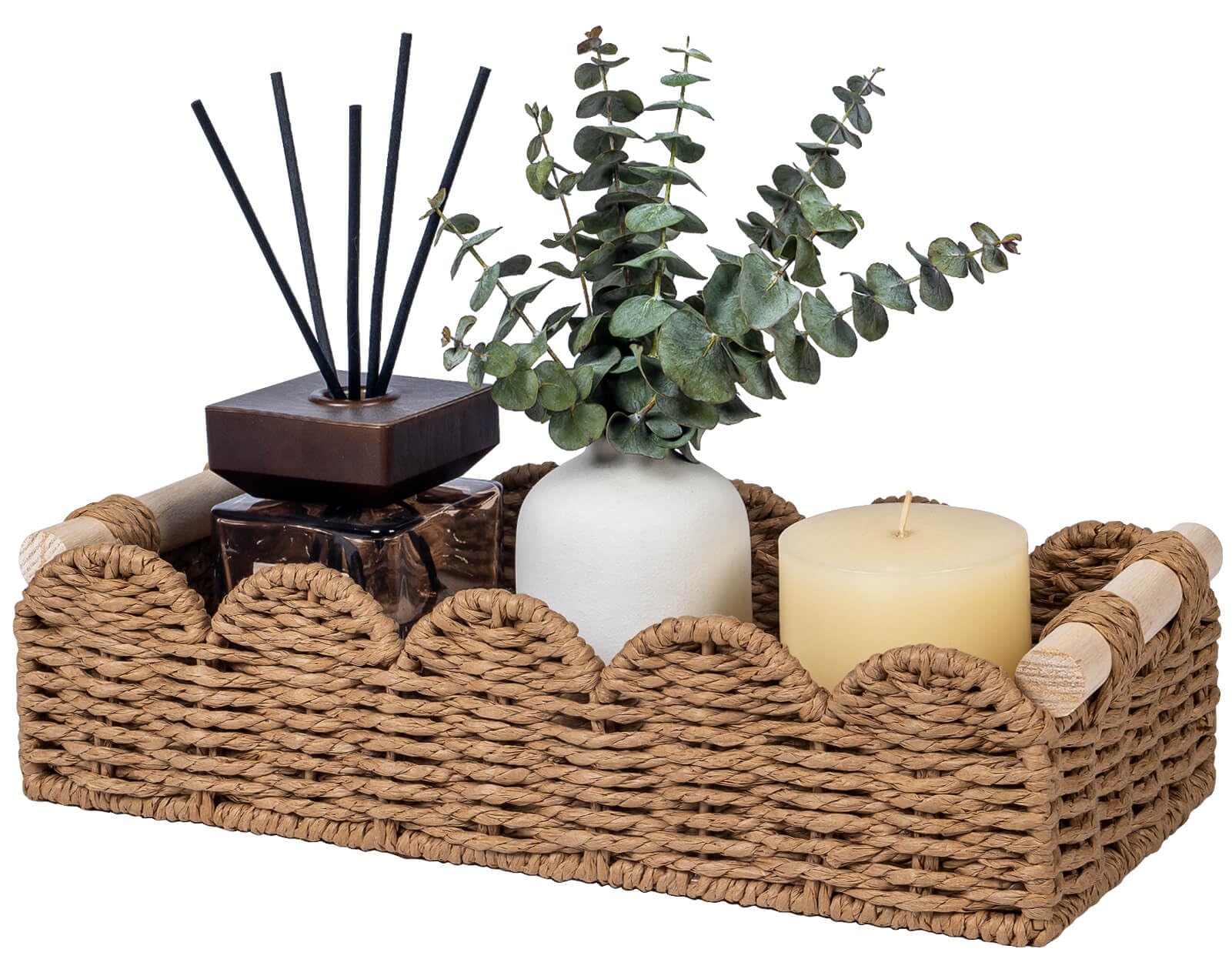 CubesLand Paper Rope Scalloped Edge Toilet Paper Storage Basket, Small Living Room, Bedroom Decor Baskets for Over Toilet Storage Shelf, End Table, Shelves and More, with 2 Wooden Handle, Neutral