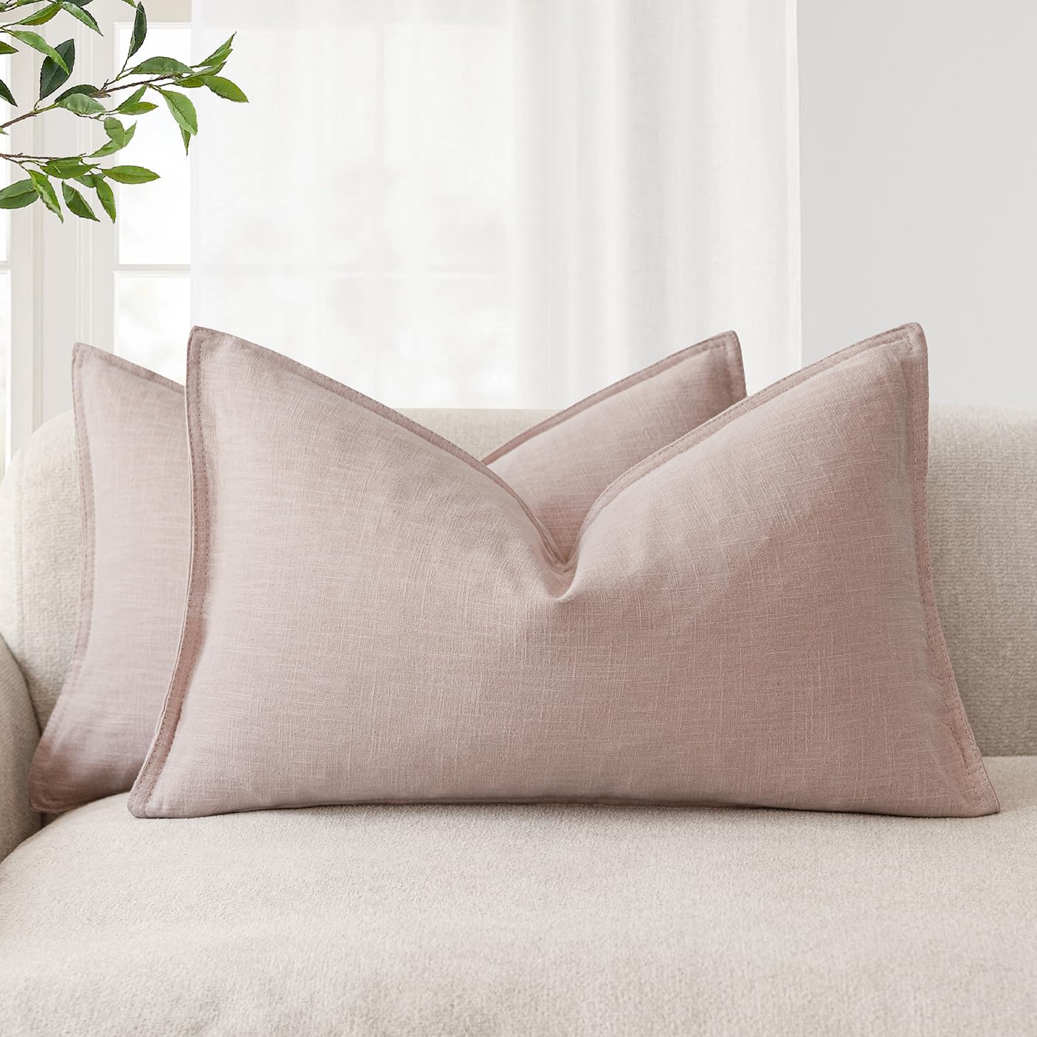 Foindtower Pack of 2, Decorative Linen Soild Throw Pillow Covers Soft Accent Cushion Case Boho Farmhouse Neutral Pillowcase for Couch Sofa Bedroom Living Room Home Decor 18 x 18 Inch Natural Beige