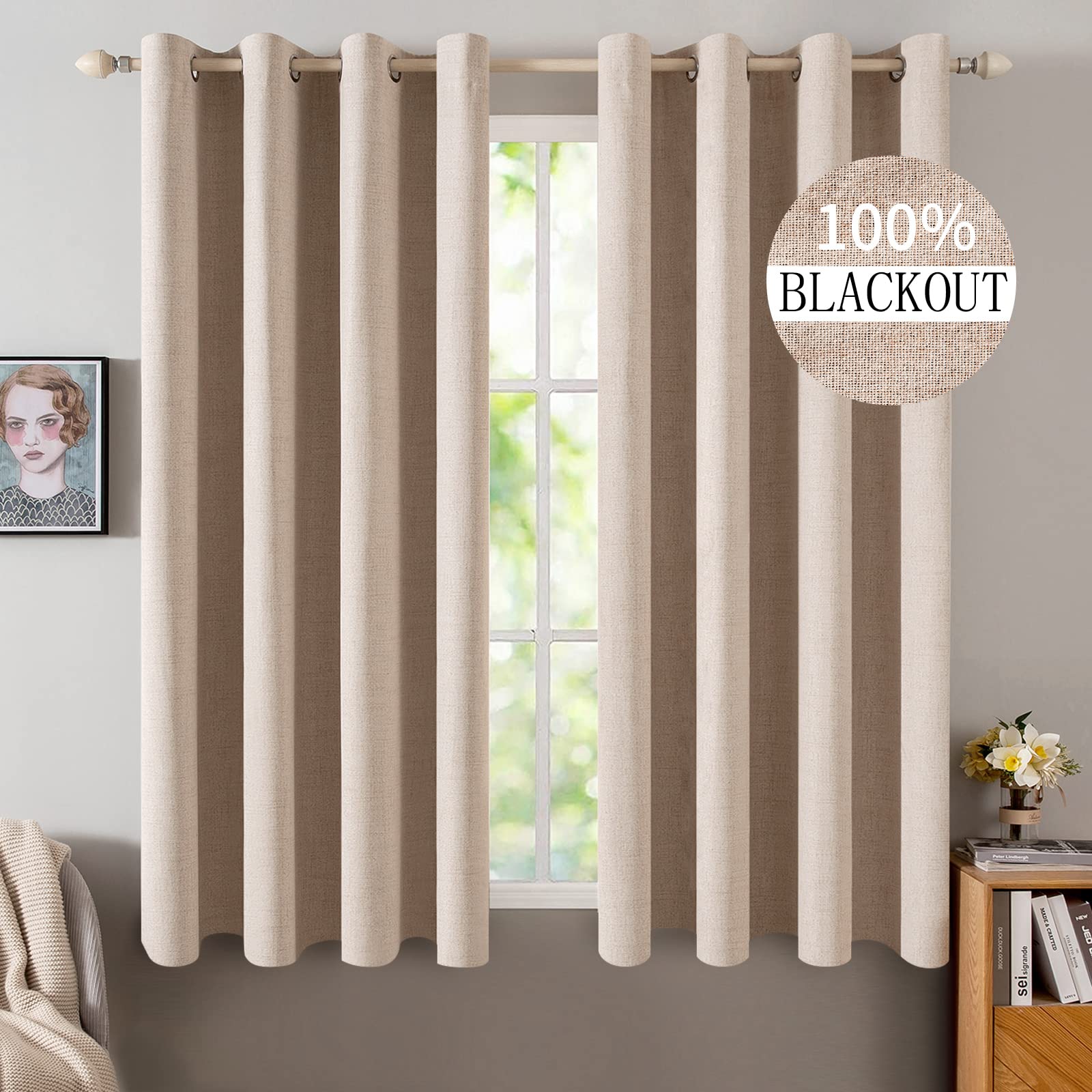 MIULEE 100% Blackout Linen Textured Curtains for Bedroom Solid Thermal Insulated Natural Beige Grommet Room Darkening Curtains & Drapes Luxury Decor for Living Room Nursery 52 x 84 Inch (2 Panels)