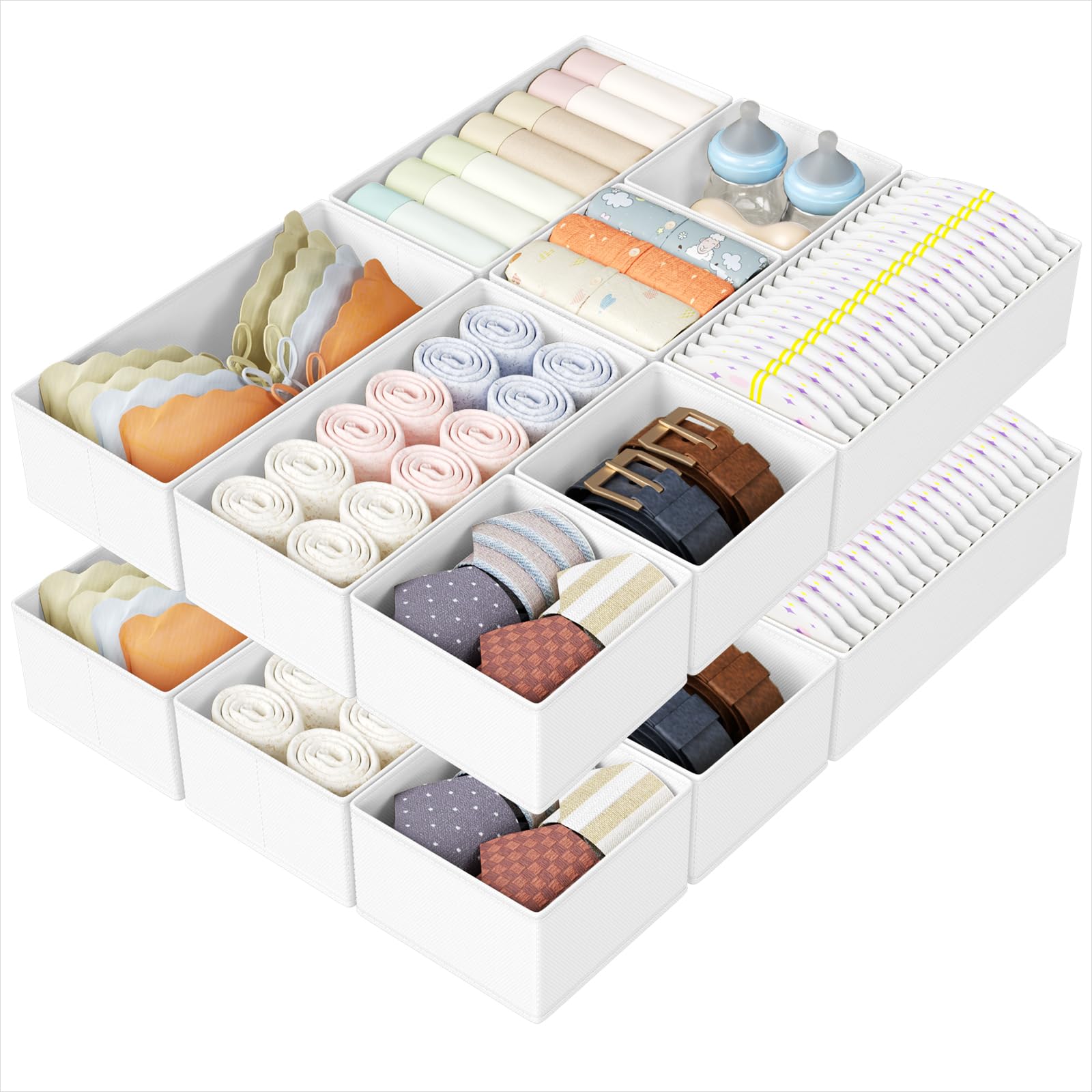 DIMJ Drawer Organizers Clothes, Dresser Organizer Bins for Baby Clothes,Underwear and Sock, Fabric Closet Organization and Storage Boxs, Drawer Dividers for Nursery, Clothing, Tie - 4 Pack, Beige
