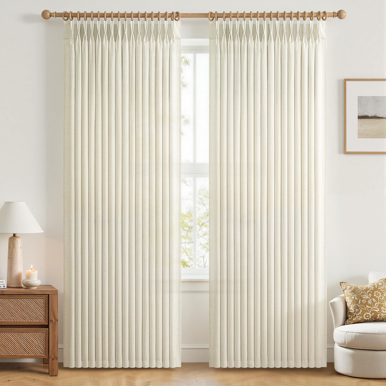 Pinch Pleated Linen 50 Inch Wide Curtains 96 Inches Long for Living Room, Memory Trained Pleat Boho Semi Sheer Birch Light Filtering Privacy Drapes 50x96 Inch Length 2 Panels Set Curtain Cream Ivory