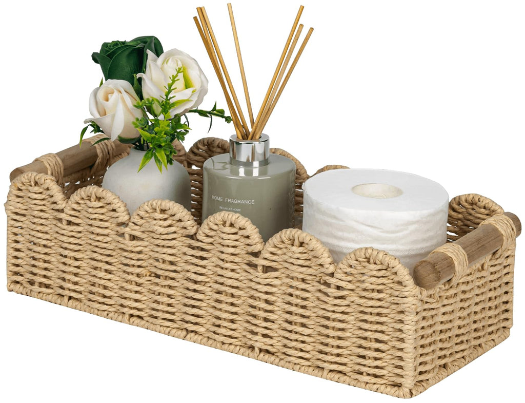 CubesLand Paper Rope Scalloped Edge Toilet Paper Storage Basket, Small Living Room, Bedroom Decor Baskets for Over Toilet Storage Shelf, End Table, Shelves and More, with 2 Wooden Handle, Neutral