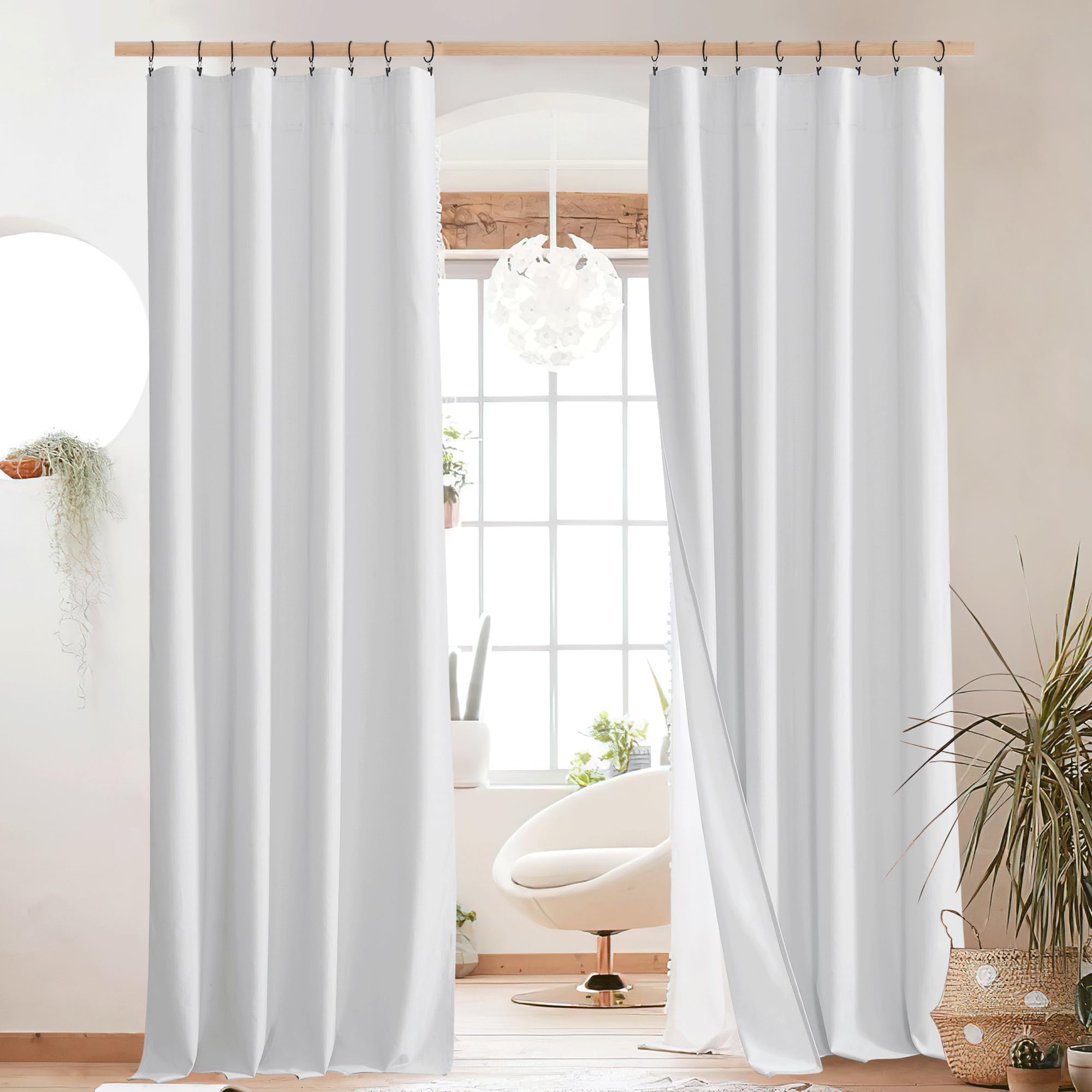 NICETOWN 100% Blackout Linen Curtains 90" Long for Bedroom, Thermal Insulated Living Room Curtains with Liner, Farmhouse Style Linen Blend Window Draperies for Dining Room (2 Panels, 52" W, Natural)