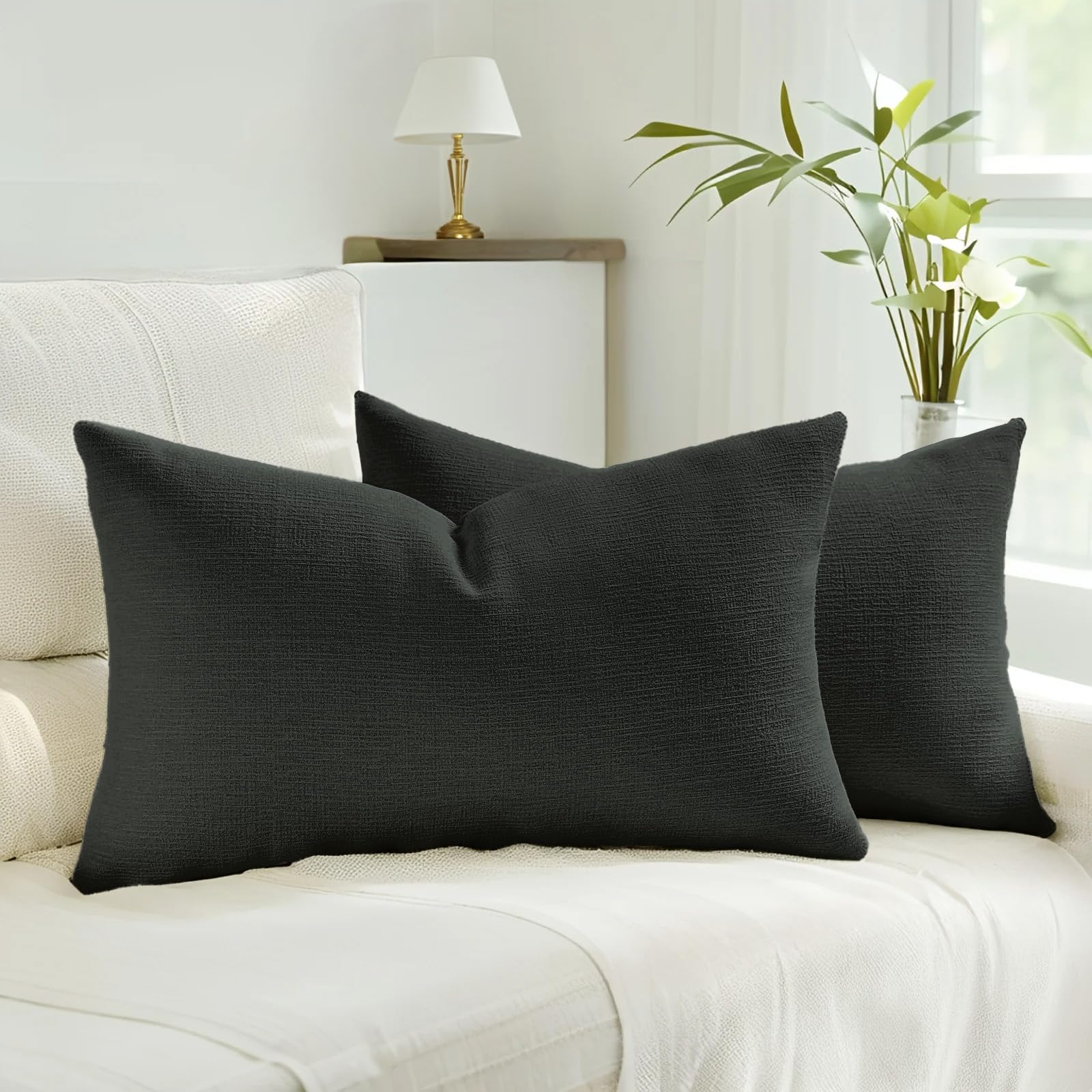 HAUSSY Pack of 2 Linen Pillow Covers 18x18 Inch, Decorative Throw Pillows Soft Boho Neutral Cushion Covers Home Decor Modern Soild Pillow Cases for Couch Living Room Sofa Bed, Coffee (Covers Only)
