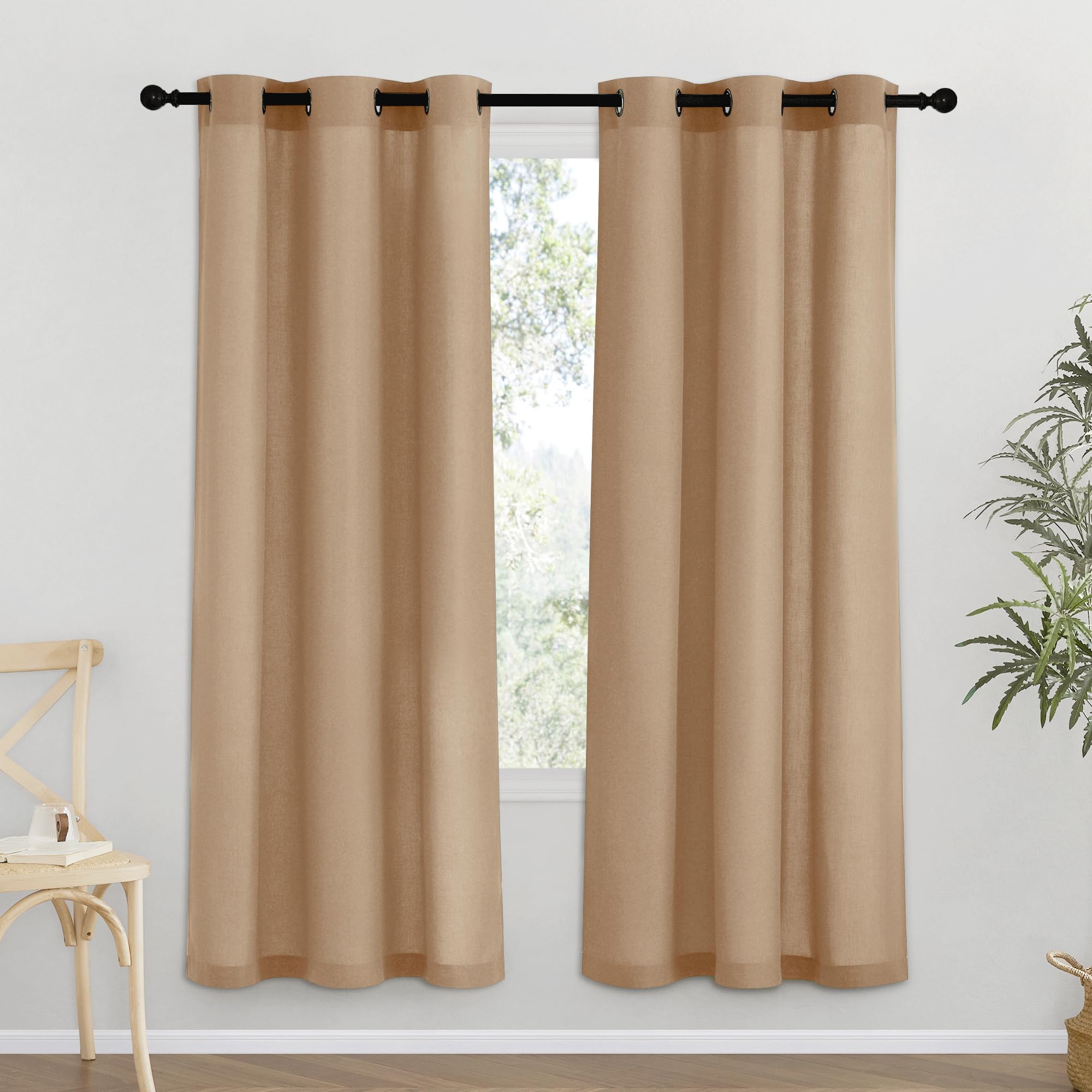 NICETOWN Natural Linen Curtains 84 inch Long 2 Panels Set, Grommet Top Thick Linen Burlap Semi Sheer Vertical Drapes Privacy Assured with Light Filtering for Bedroom/Living Room, W55 x L84