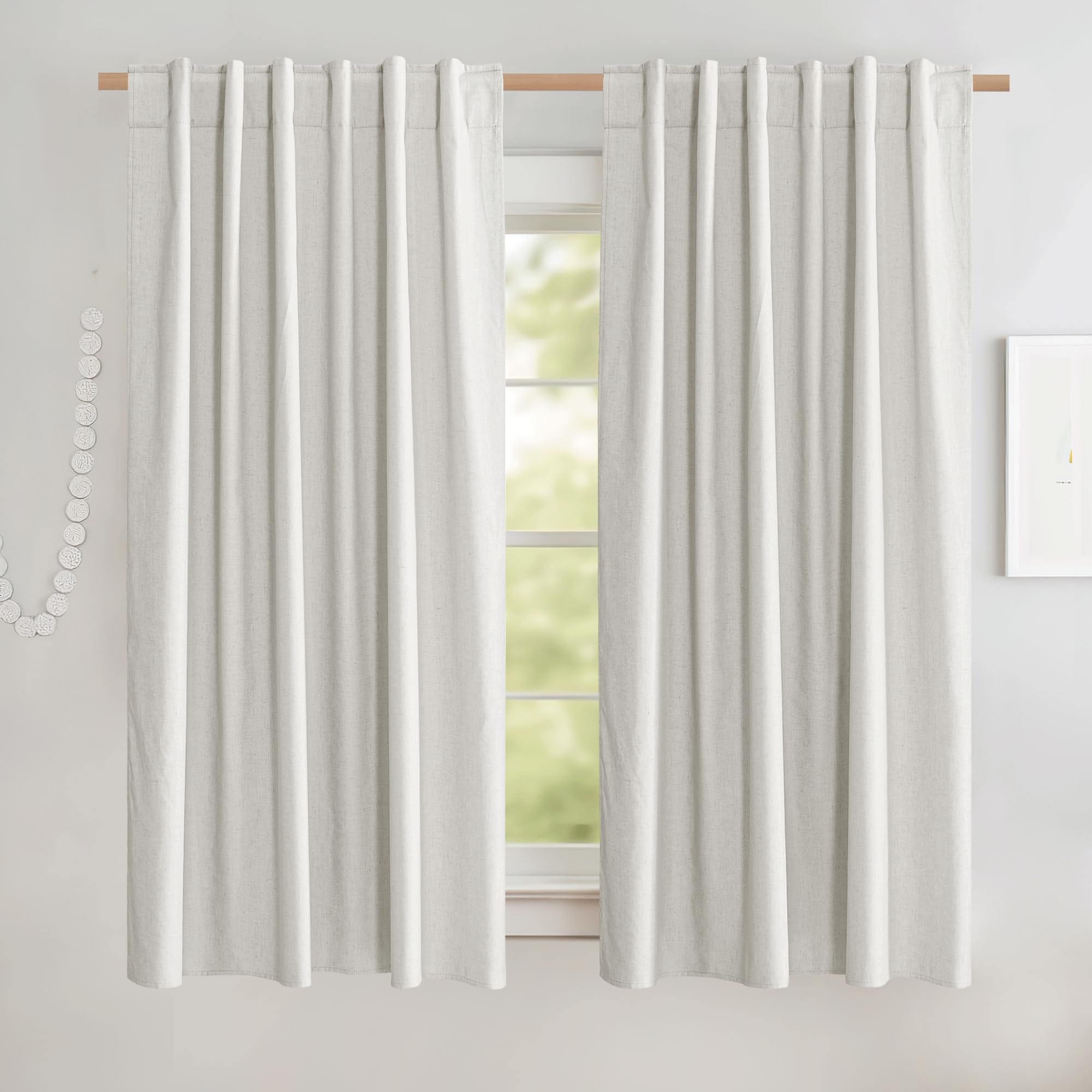 NICETOWN 100% Blackout Linen Curtains 90" Long for Bedroom, Thermal Insulated Living Room Curtains with Liner, Farmhouse Style Linen Blend Window Draperies for Dining Room (2 Panels, 52" W, Natural)