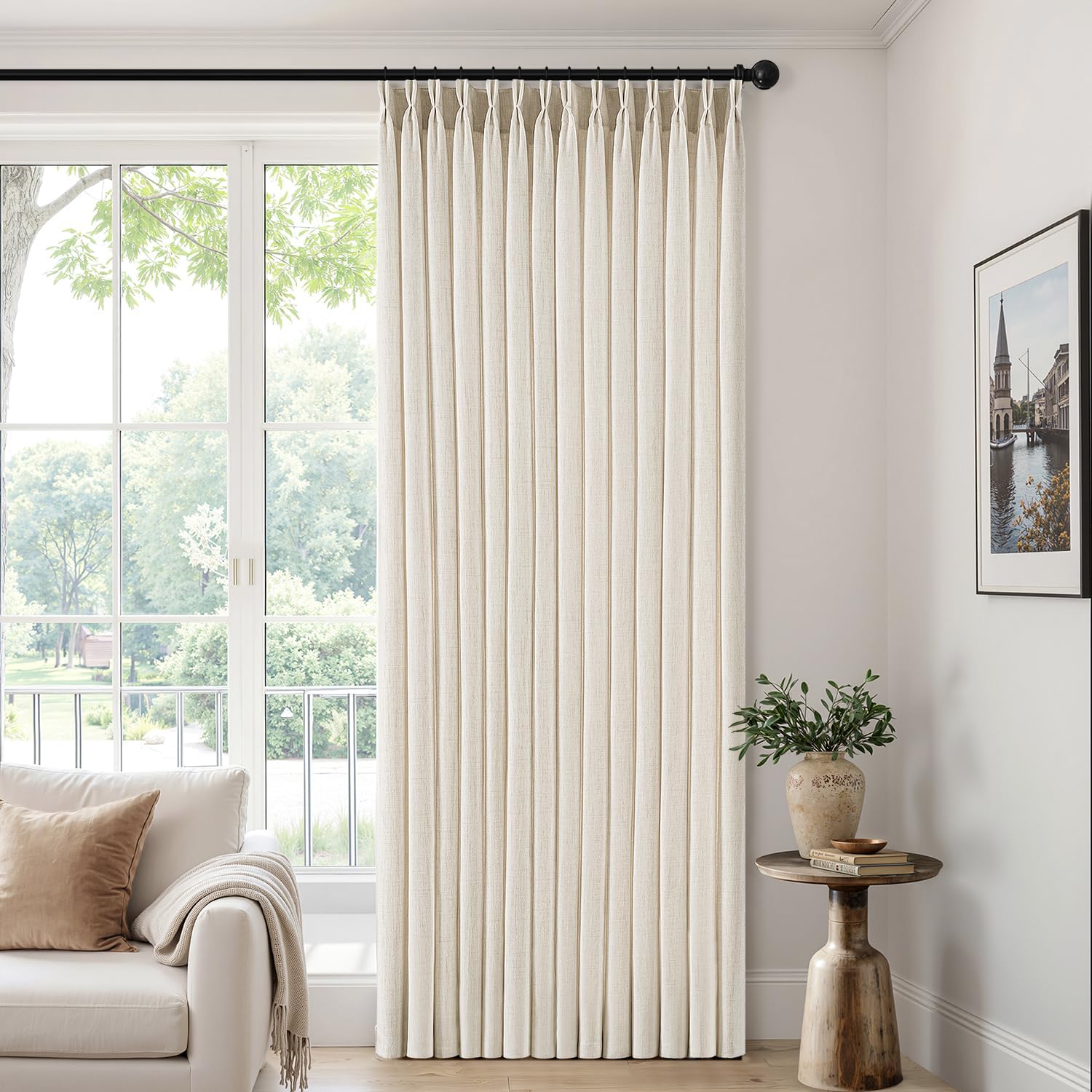 MIULEE Pinch Pleated Thick Linen Curtains 90 Inches 4 Panels Set Ivory Cream Back Tab Memory Trained Pinch Pleat Semi Sheer Light Filtering Privacy Curtains Window Drapes for Living Room Bedroom Birch