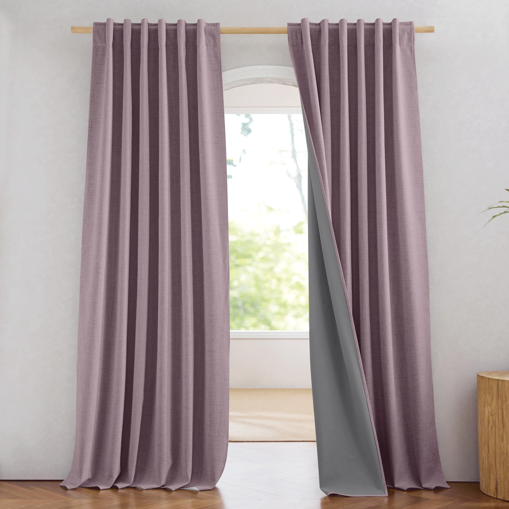 NICETOWN 100% Blackout Linen Curtains 90" Long for Bedroom, Thermal Insulated Living Room Curtains with Liner, Farmhouse Style Linen Blend Window Draperies for Dining Room (2 Panels, 52" W, Natural)