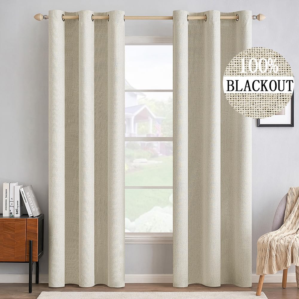 MIULEE 100% Blackout Linen Textured Curtains for Bedroom Solid Thermal Insulated Natural Beige Grommet Room Darkening Curtains & Drapes Luxury Decor for Living Room Nursery 52 x 84 Inch (2 Panels)