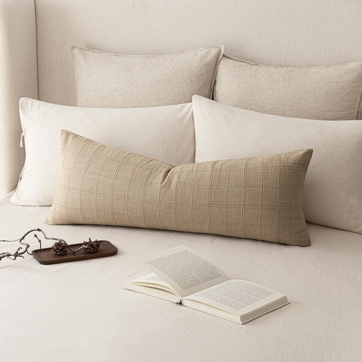 Foindtower Set of 1 Decorative Linen Check Throw Pillow Cover Neutral Farmhouse Lumbar Cushion Cover Modern Boho Home Decor for Sofa Chair Couch Bedroom Living Room,12×20 Inch,Natural Beige