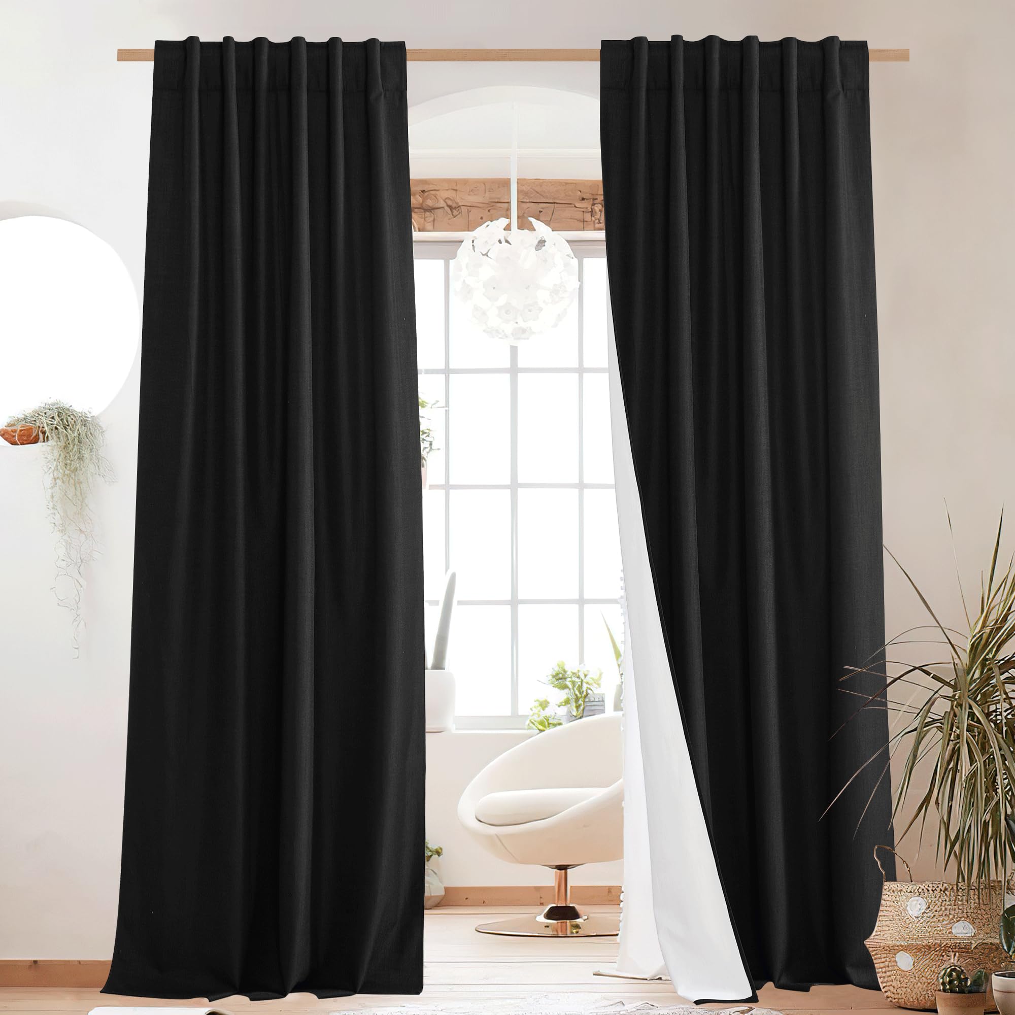 NICETOWN 100% Blackout Linen Curtains 90" Long for Bedroom, Thermal Insulated Living Room Curtains with Liner, Farmhouse Style Linen Blend Window Draperies for Dining Room (2 Panels, 52" W, Natural)