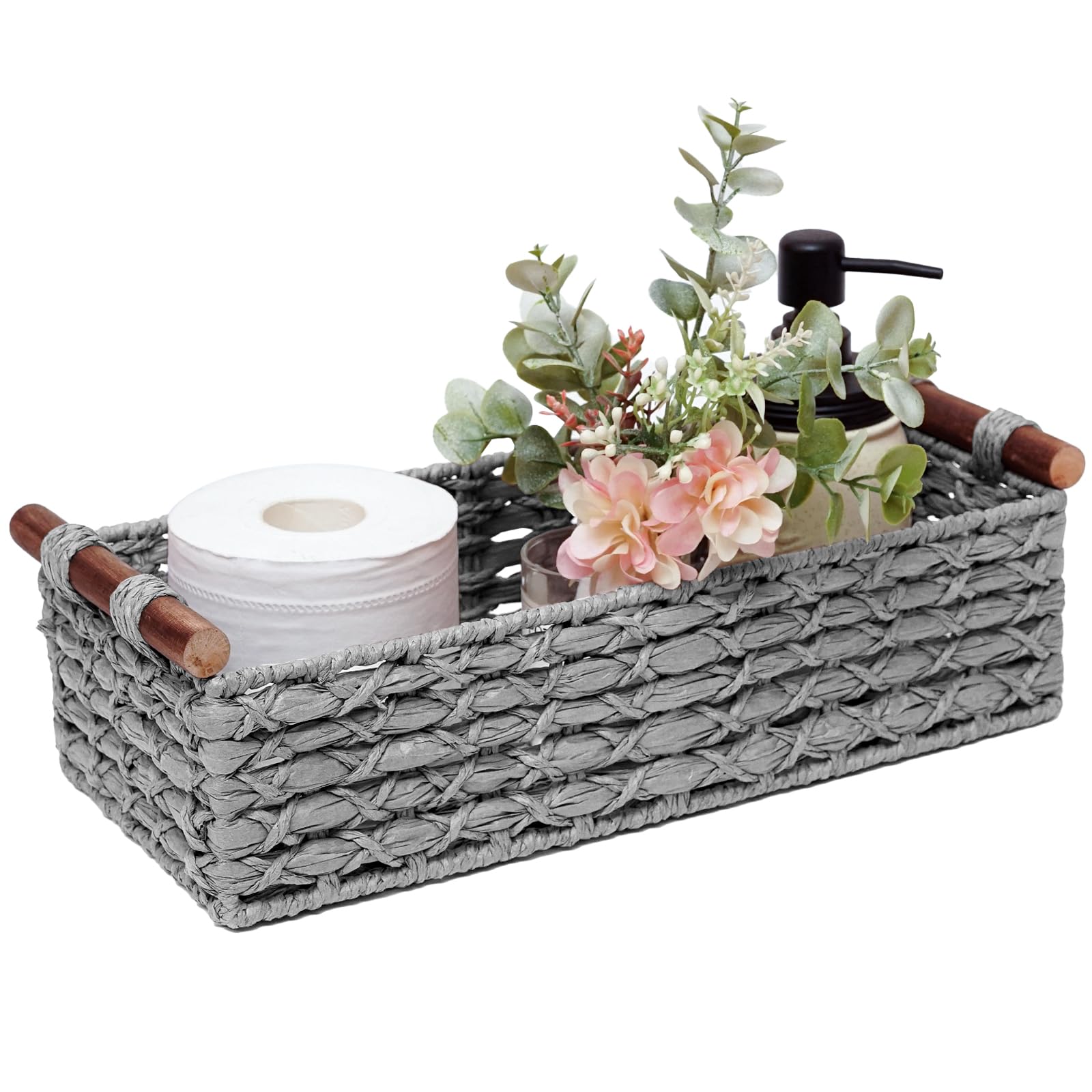 Round Paper Rope Storage Basket Wicker Baskets for Organizing with Handle Decorative Storage Bins for Countertop Toilet Paper Basket for Toilet Tank Top Small Baskets , Green