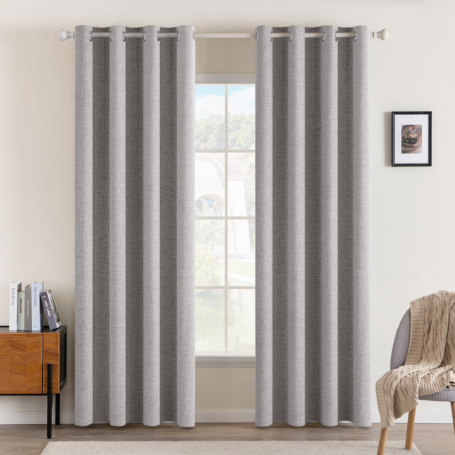 MIULEE 100% Blackout Linen Textured Curtains for Bedroom Solid Thermal Insulated Natural Beige Grommet Room Darkening Curtains & Drapes Luxury Decor for Living Room Nursery 52 x 84 Inch (2 Panels)