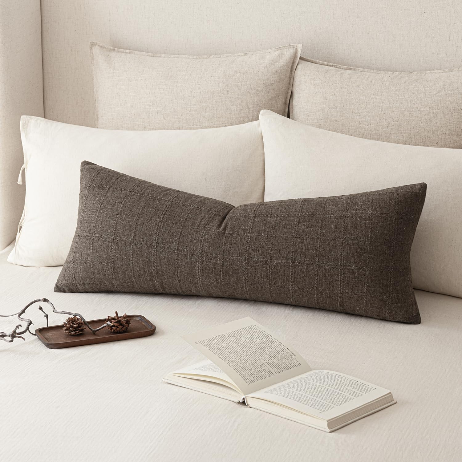 Foindtower Set of 1 Decorative Linen Check Throw Pillow Cover Neutral Farmhouse Lumbar Cushion Cover Modern Boho Home Decor for Sofa Chair Couch Bedroom Living Room,12×20 Inch,Natural Beige