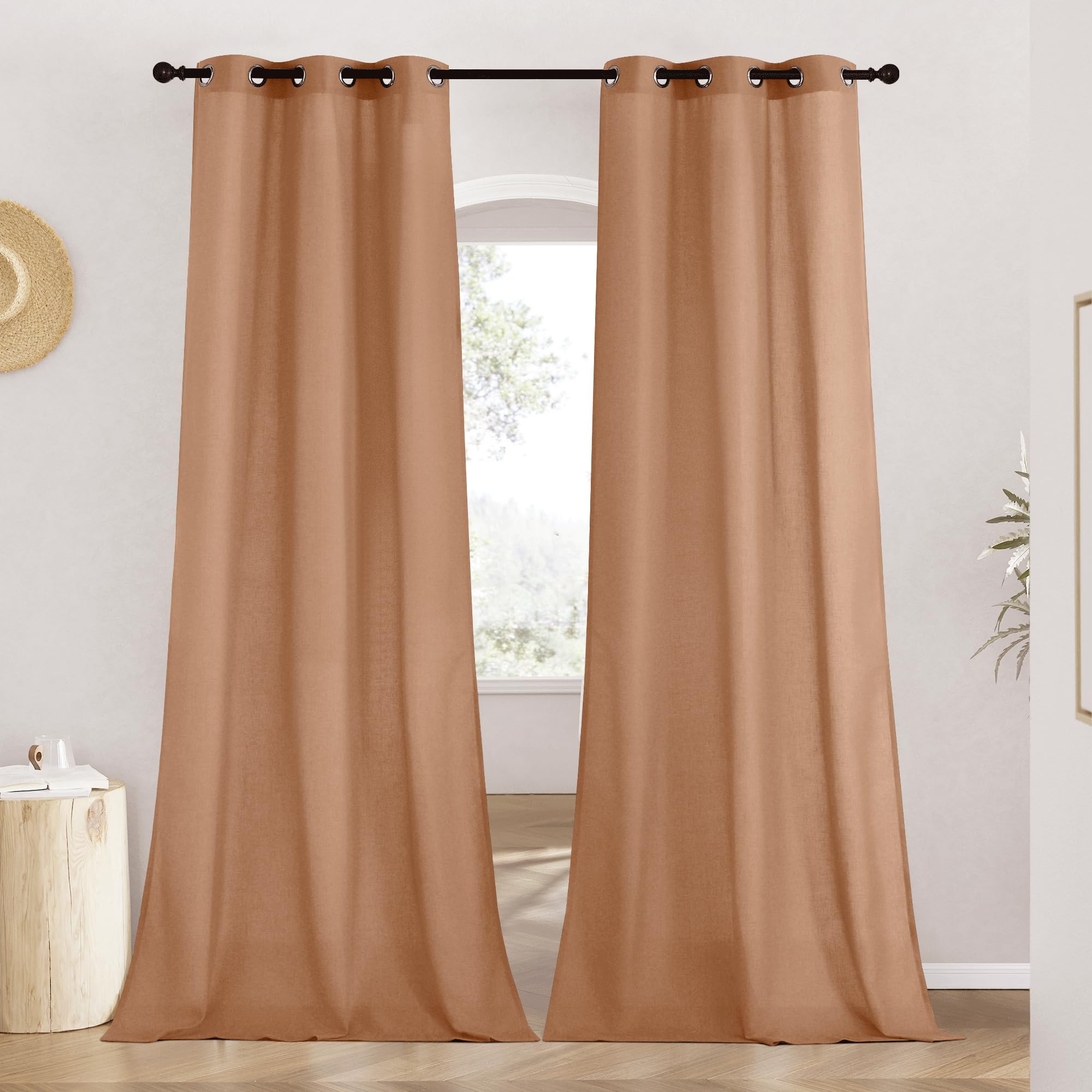 NICETOWN Natural Linen Curtains 84 inch Long 2 Panels Set, Grommet Top Thick Linen Burlap Semi Sheer Vertical Drapes Privacy Assured with Light Filtering for Bedroom/Living Room, W55 x L84