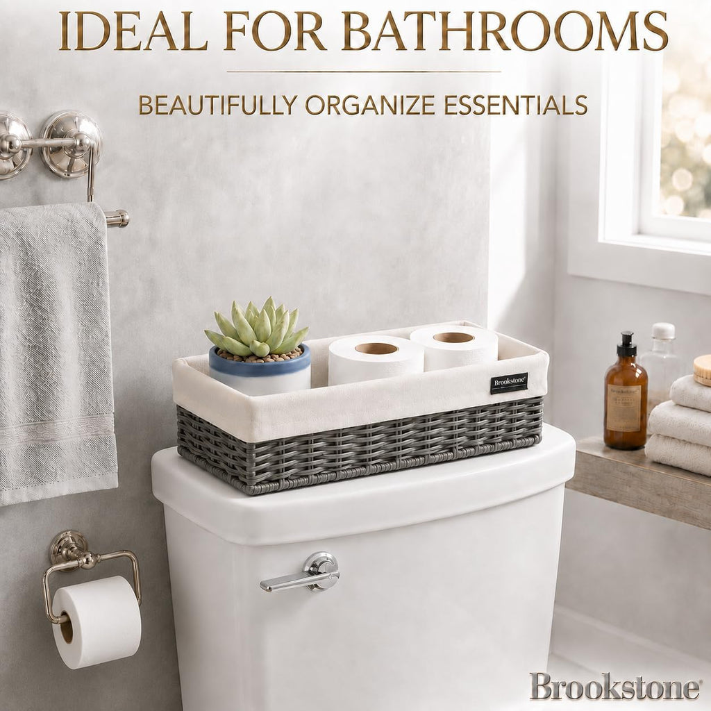 Brookstone Over the Toilet Tank Wicker Storage Basket, Bathroom and Closet Organizers and Storage Bins with Fabric Liner, Grey, 2 Pack Set