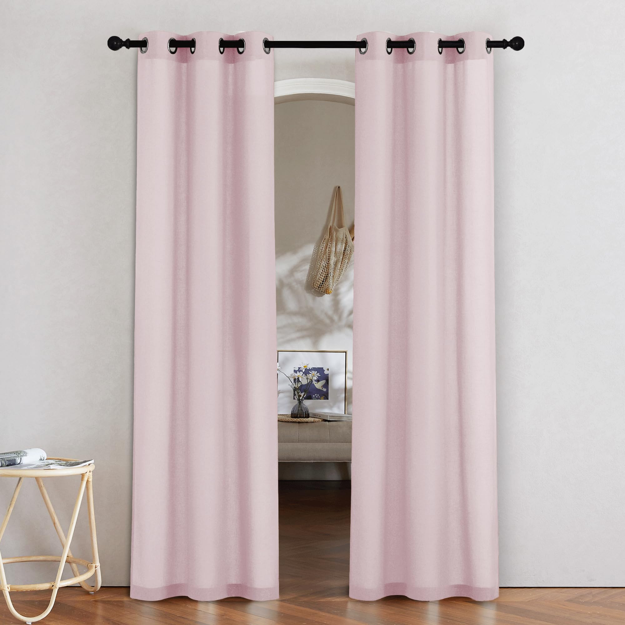 NICETOWN Natural Linen Curtains 84 inch Long 2 Panels Set, Grommet Top Thick Linen Burlap Semi Sheer Vertical Drapes Privacy Assured with Light Filtering for Bedroom/Living Room, W55 x L84