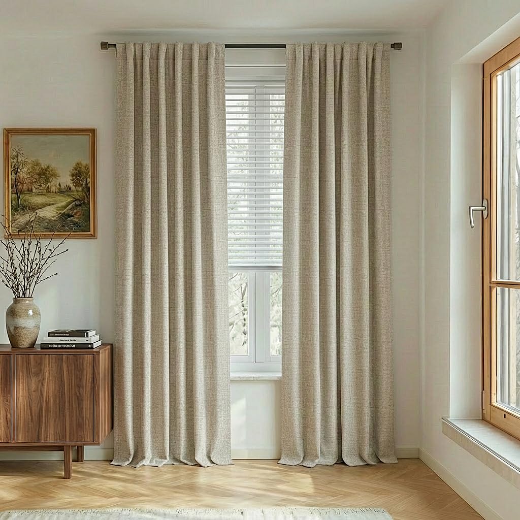 NICETOWN 100% Blackout Linen Curtains 90" Long for Bedroom, Thermal Insulated Living Room Curtains with Liner, Farmhouse Style Linen Blend Window Draperies for Dining Room (2 Panels, 52" W, Natural)