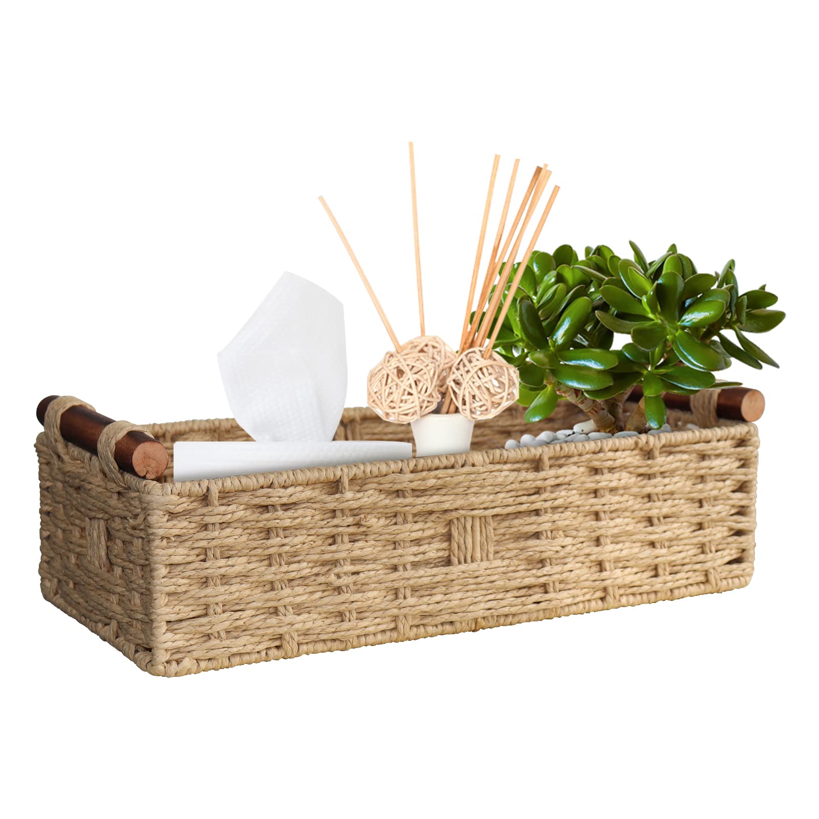 Round Paper Rope Storage Basket Wicker Baskets for Organizing with Handle Decorative Storage Bins for Countertop Toilet Paper Basket for Toilet Tank Top Small Baskets , Green