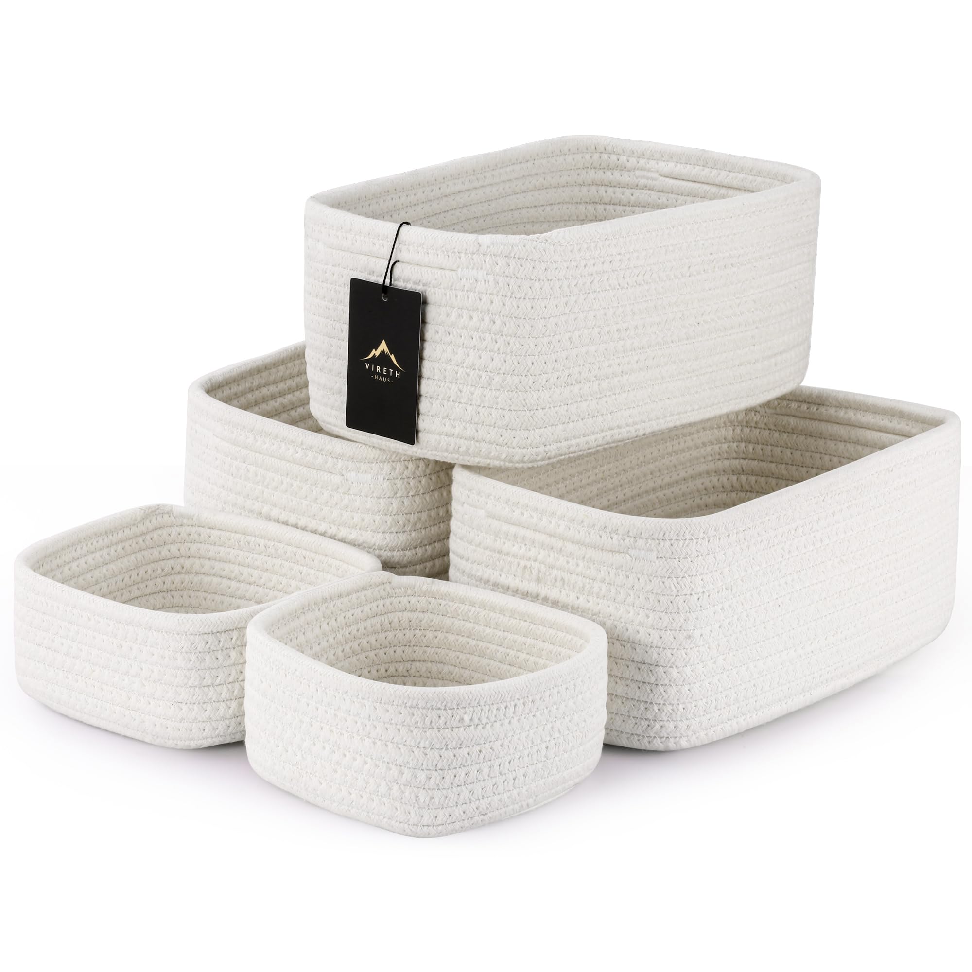 5-Pack Small Woven Rope Storage Baskets – 2 Sizes Organizer Bins for Closet, Shelf, Bookshelf, Nursery, Changing Table, Fabric Cube Boxes, Rectangular Shallow Bins for Bathroom, Toy & Home