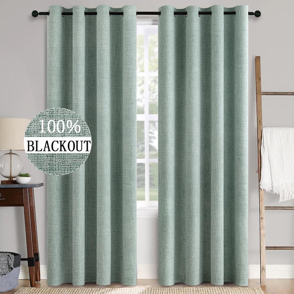 MIULEE 100% Blackout Linen Textured Curtains for Bedroom Solid Thermal Insulated Natural Beige Grommet Room Darkening Curtains & Drapes Luxury Decor for Living Room Nursery 52 x 84 Inch (2 Panels)