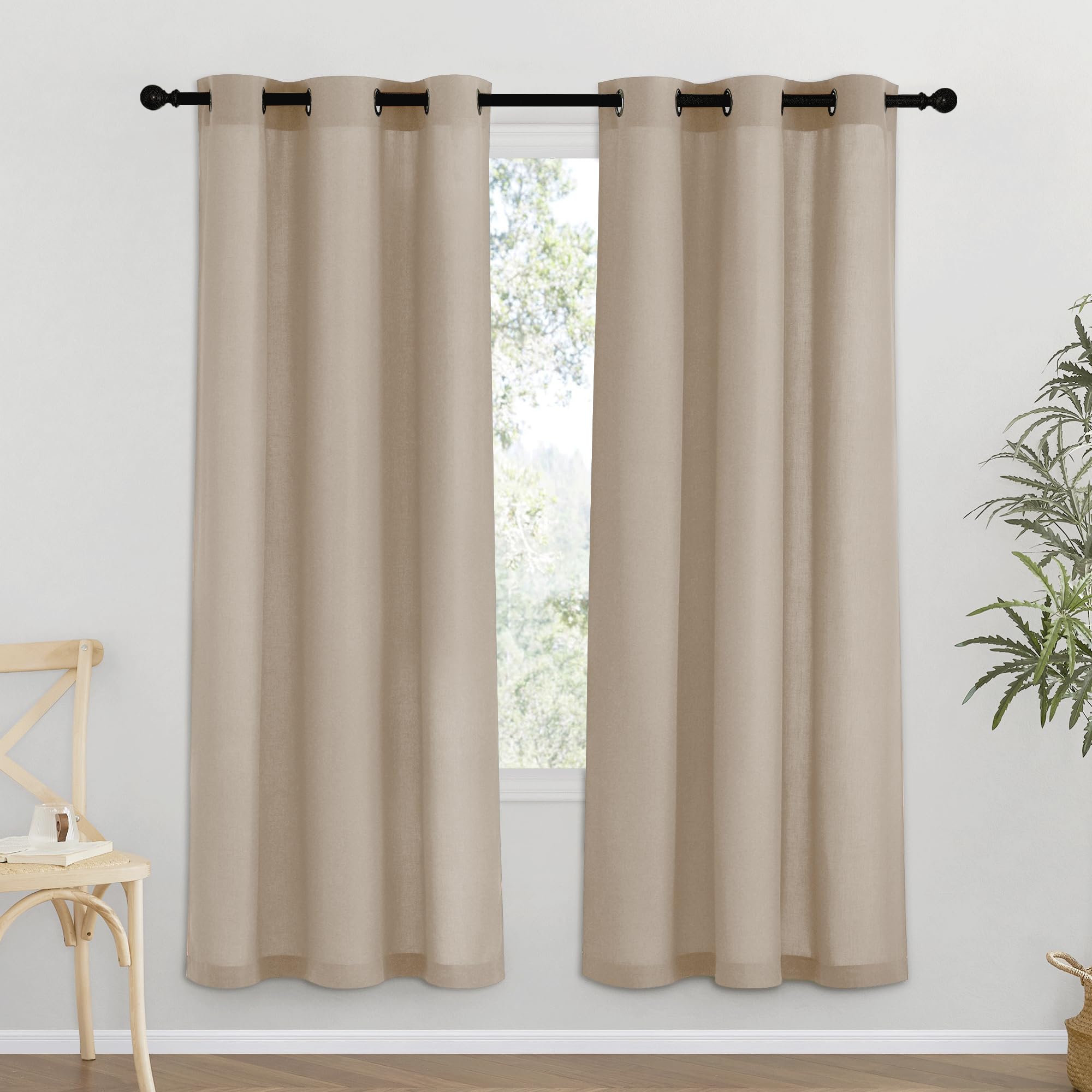 NICETOWN Natural Linen Curtains 84 inch Long 2 Panels Set, Grommet Top Thick Linen Burlap Semi Sheer Vertical Drapes Privacy Assured with Light Filtering for Bedroom/Living Room, W55 x L84