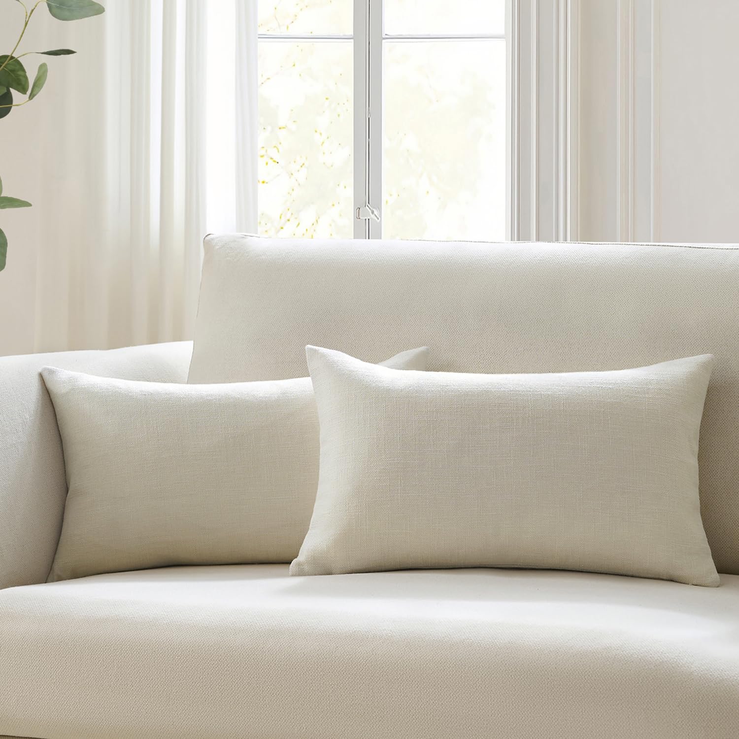 Meekio Set of 2 Ivory Throw Pillow Covers 18x18, Modern Farmhouse Linen Blend Decorative Pillow Covers for Couch Sofa Bed, Neutral Home Decor