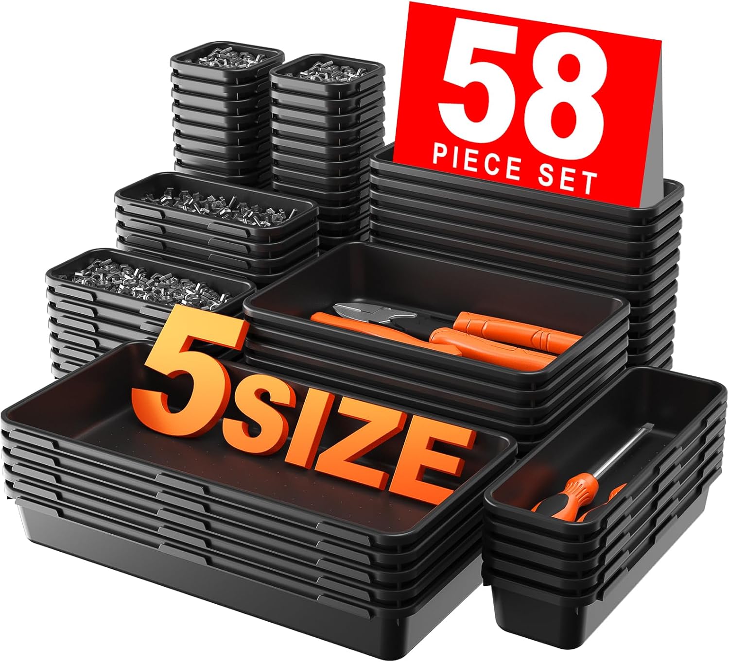 【More Larger Size】A-LUGEI【69 PCS-5 Size】 Tool Box Organizer Tray Divider Set【Black】 Desk Drawer Organizer Bin, Socket Organization and Storage Toolbox for Rolling Tool Chest Cart WorkBench Part Widget