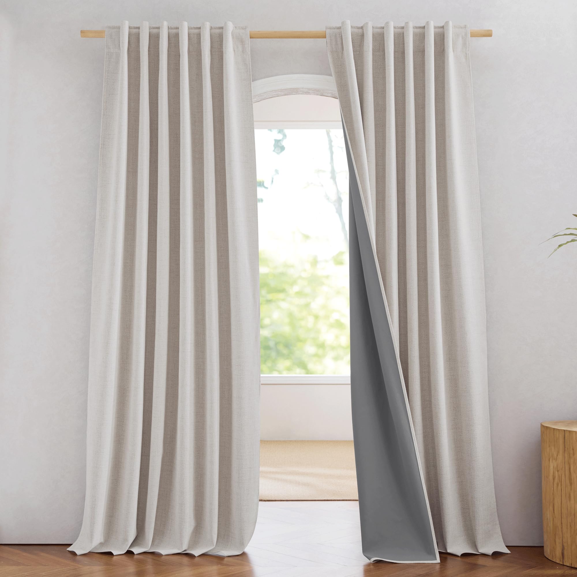 NICETOWN 100% Blackout Linen Curtains 90" Long for Bedroom, Thermal Insulated Living Room Curtains with Liner, Farmhouse Style Linen Blend Window Draperies for Dining Room (2 Panels, 52" W, Natural)