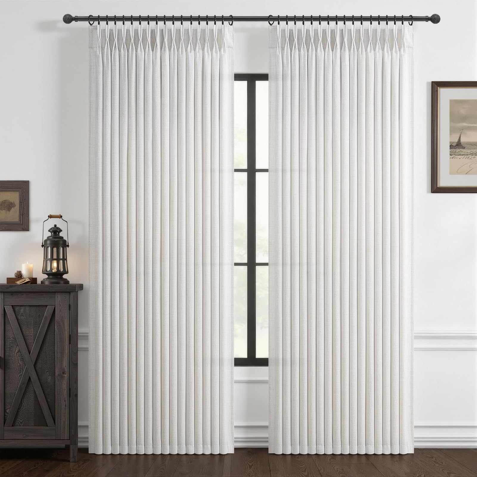 Pinch Pleated Linen 50 Inch Wide Curtains 96 Inches Long for Living Room, Memory Trained Pleat Boho Semi Sheer Birch Light Filtering Privacy Drapes 50x96 Inch Length 2 Panels Set Curtain Cream Ivory