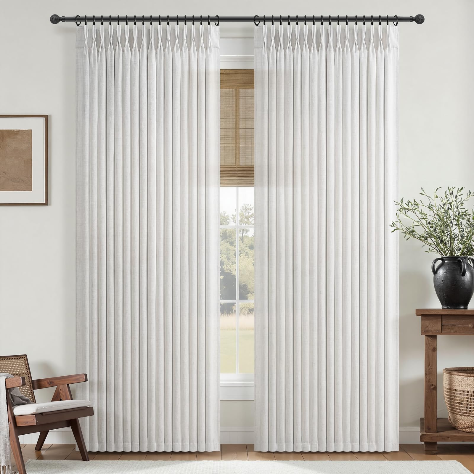 Pinch Pleated Linen 50 Inch Wide Curtains 96 Inches Long for Living Room, Memory Trained Pleat Boho Semi Sheer Birch Light Filtering Privacy Drapes 50x96 Inch Length 2 Panels Set Curtain Cream Ivory