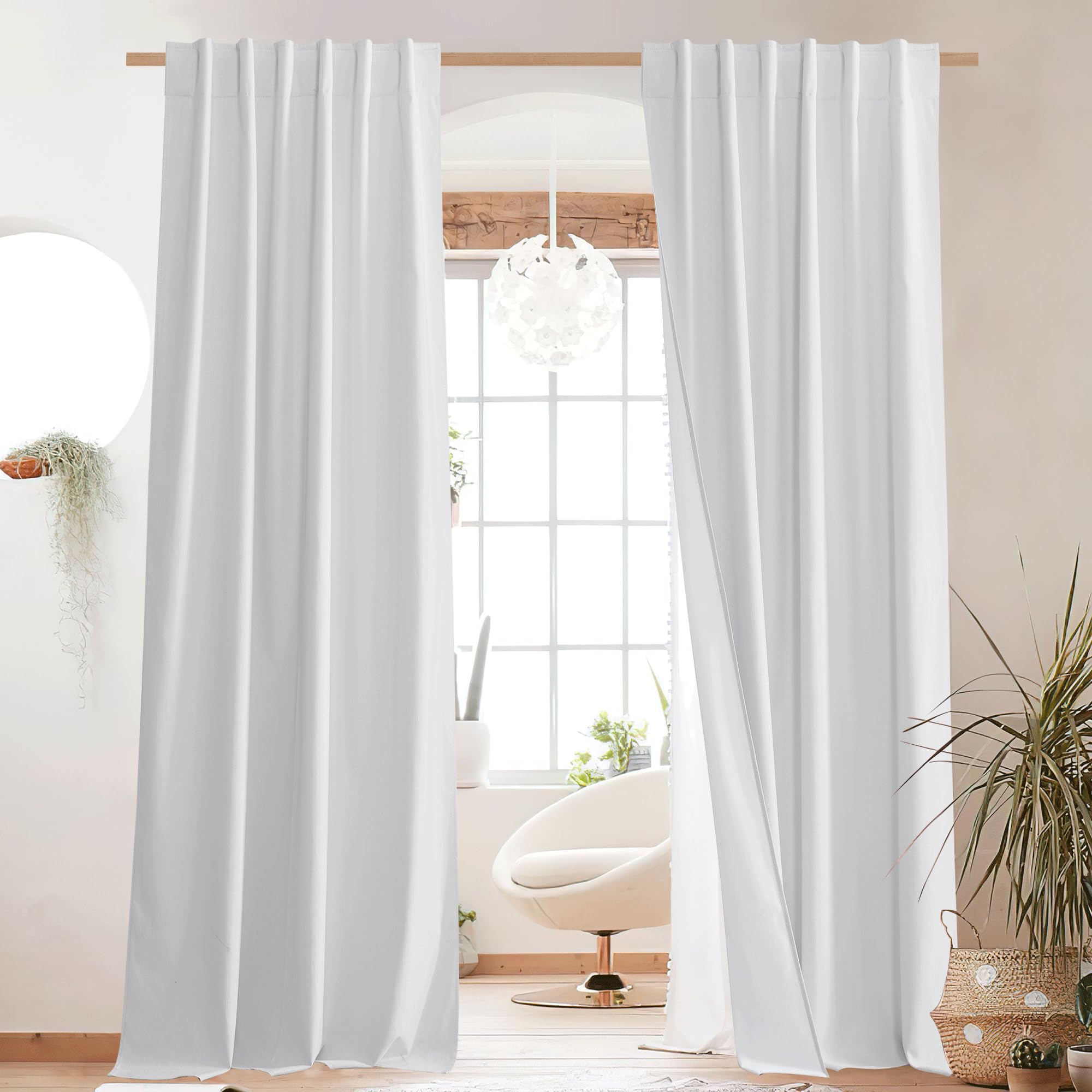 NICETOWN 100% Blackout Linen Curtains 90" Long for Bedroom, Thermal Insulated Living Room Curtains with Liner, Farmhouse Style Linen Blend Window Draperies for Dining Room (2 Panels, 52" W, Natural)