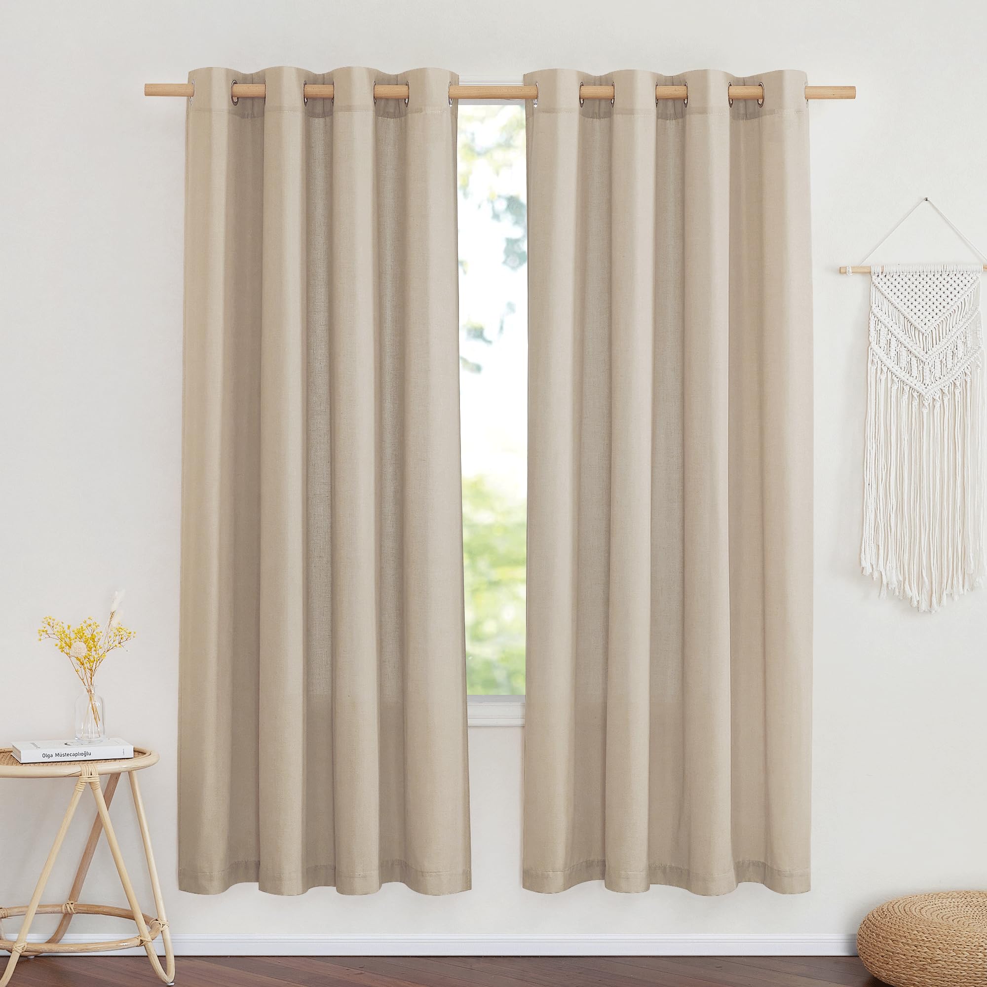 NICETOWN Natural Linen Curtains 84 inch Long 2 Panels Set, Grommet Top Thick Linen Burlap Semi Sheer Vertical Drapes Privacy Assured with Light Filtering for Bedroom/Living Room, W55 x L84