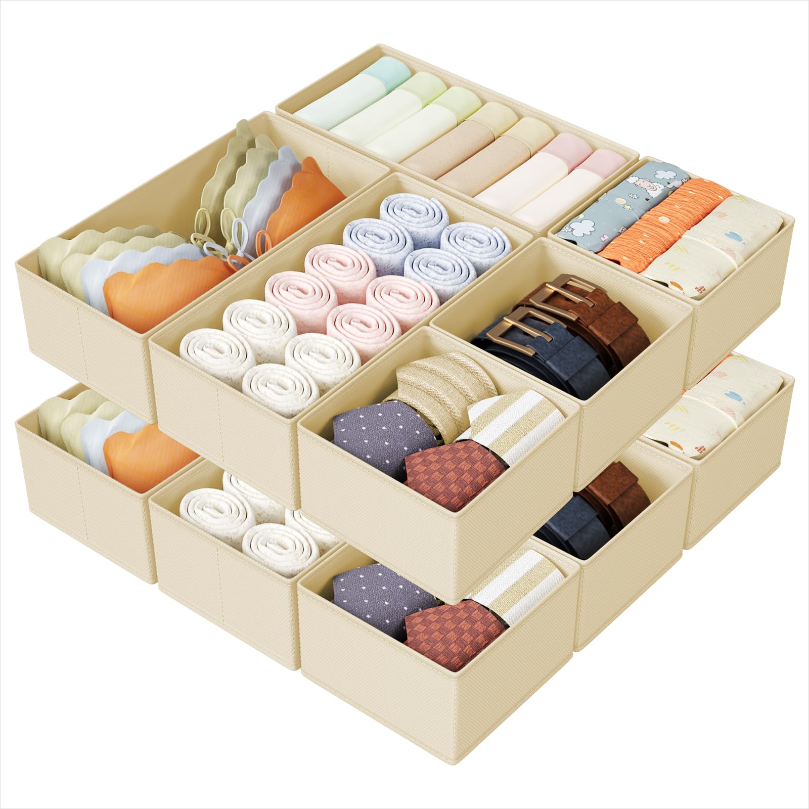 DIMJ Drawer Organizers Clothes, Dresser Organizer Bins for Baby Clothes,Underwear and Sock, Fabric Closet Organization and Storage Boxs, Drawer Dividers for Nursery, Clothing, Tie - 4 Pack, Beige