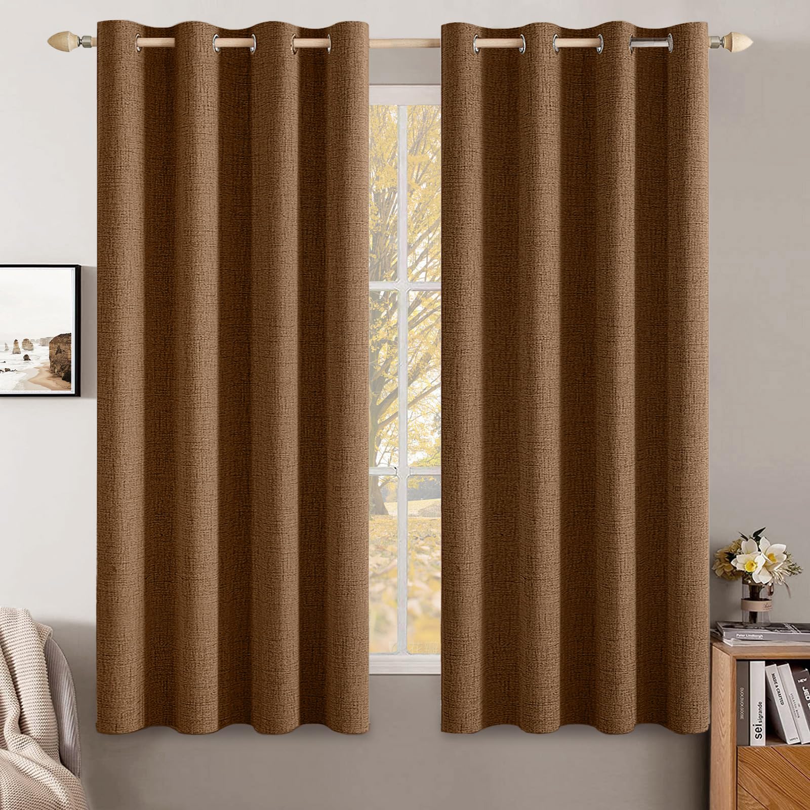MIULEE 100% Blackout Linen Textured Curtains for Bedroom Solid Thermal Insulated Natural Beige Grommet Room Darkening Curtains & Drapes Luxury Decor for Living Room Nursery 52 x 84 Inch (2 Panels)